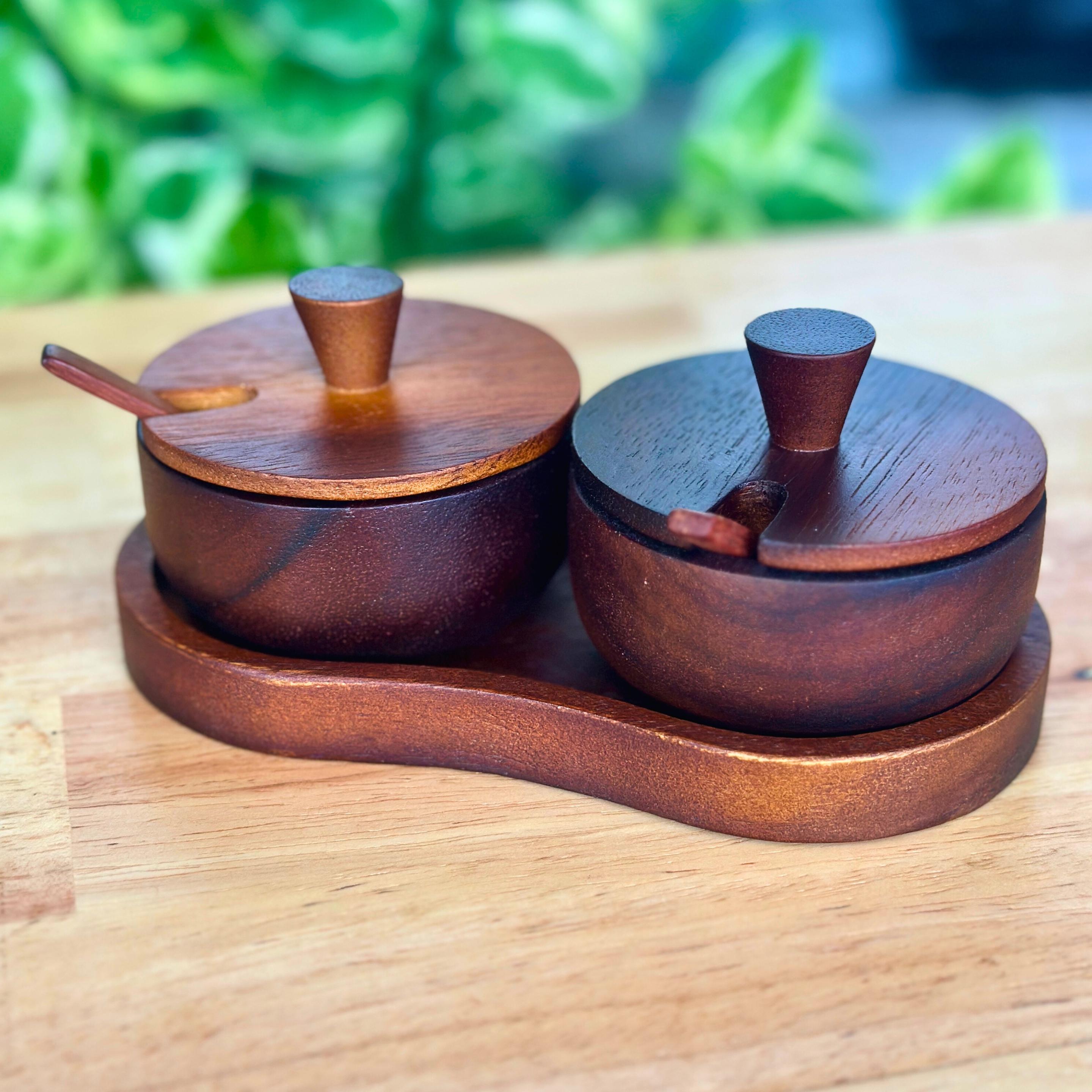 Hand Carved Wood Spice and Condiment Set: Salt, Sugar, and Pepper Server