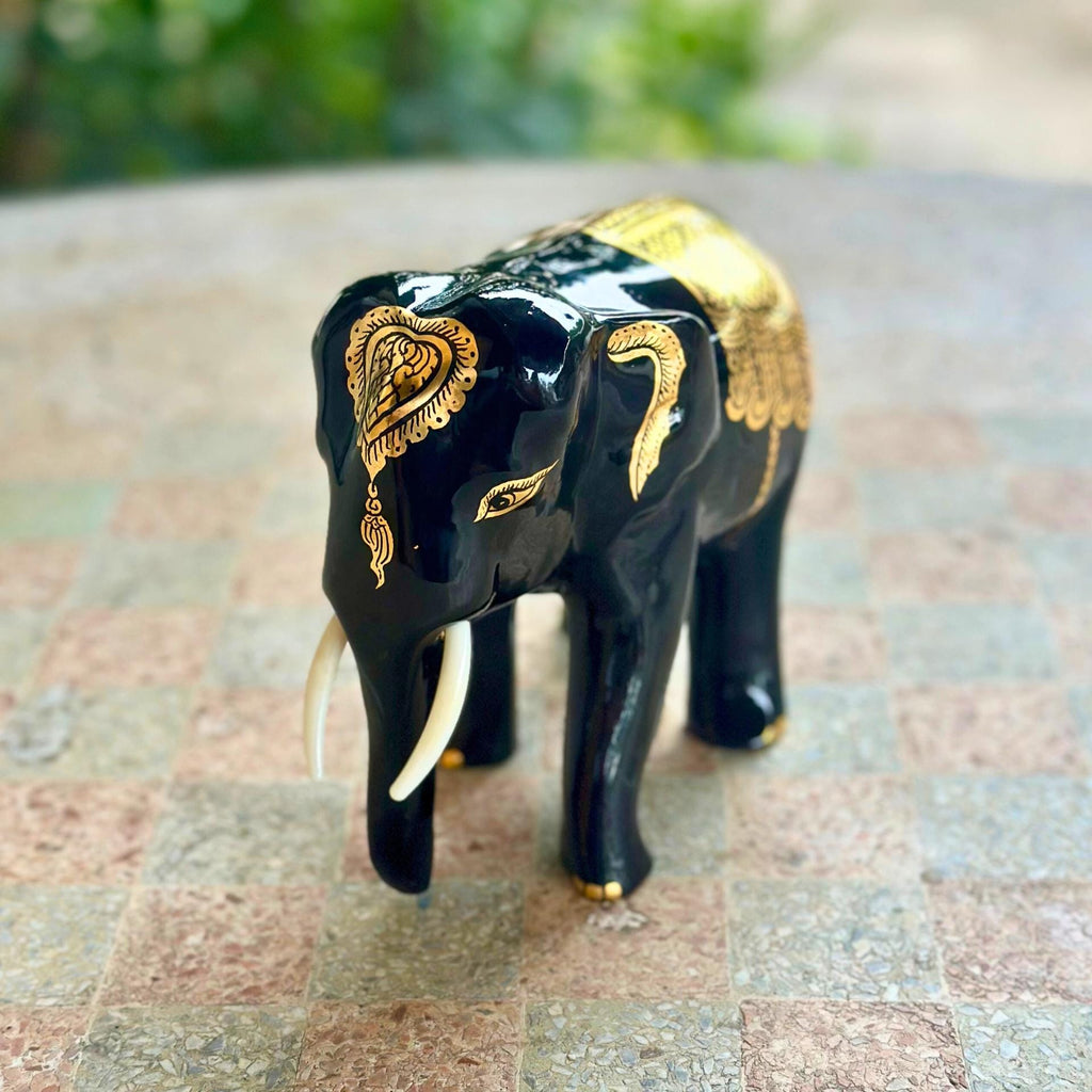 Hand Carved Black Lacquer Elephant Figurine Thai Wood Good Luck Statue Elephant Lover Gift