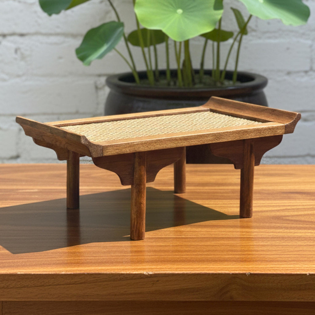 Handcrafted Wooden Altar Pedestal Tray: Woven Rattan Offering Stand