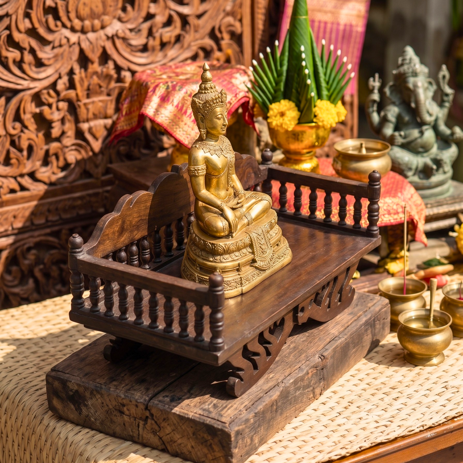 Handcrafted Teak Wood Spiritual Altar, 16 Inch Mudra Display Stand, Housewarming Gift for Minimalist