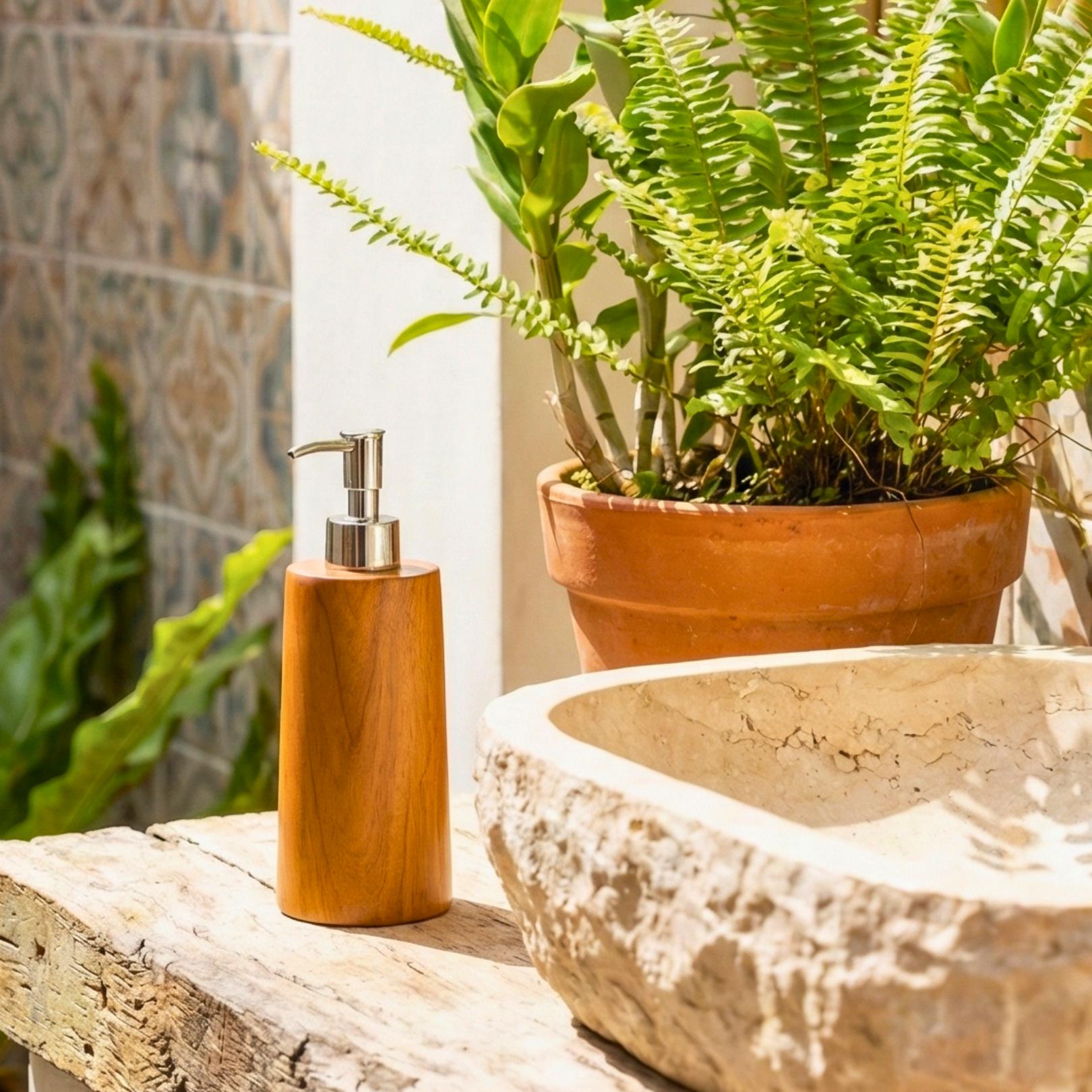 Hand Carved Teak Upcycled Wood Soap Dispenser: Rustic Bathroom Decor