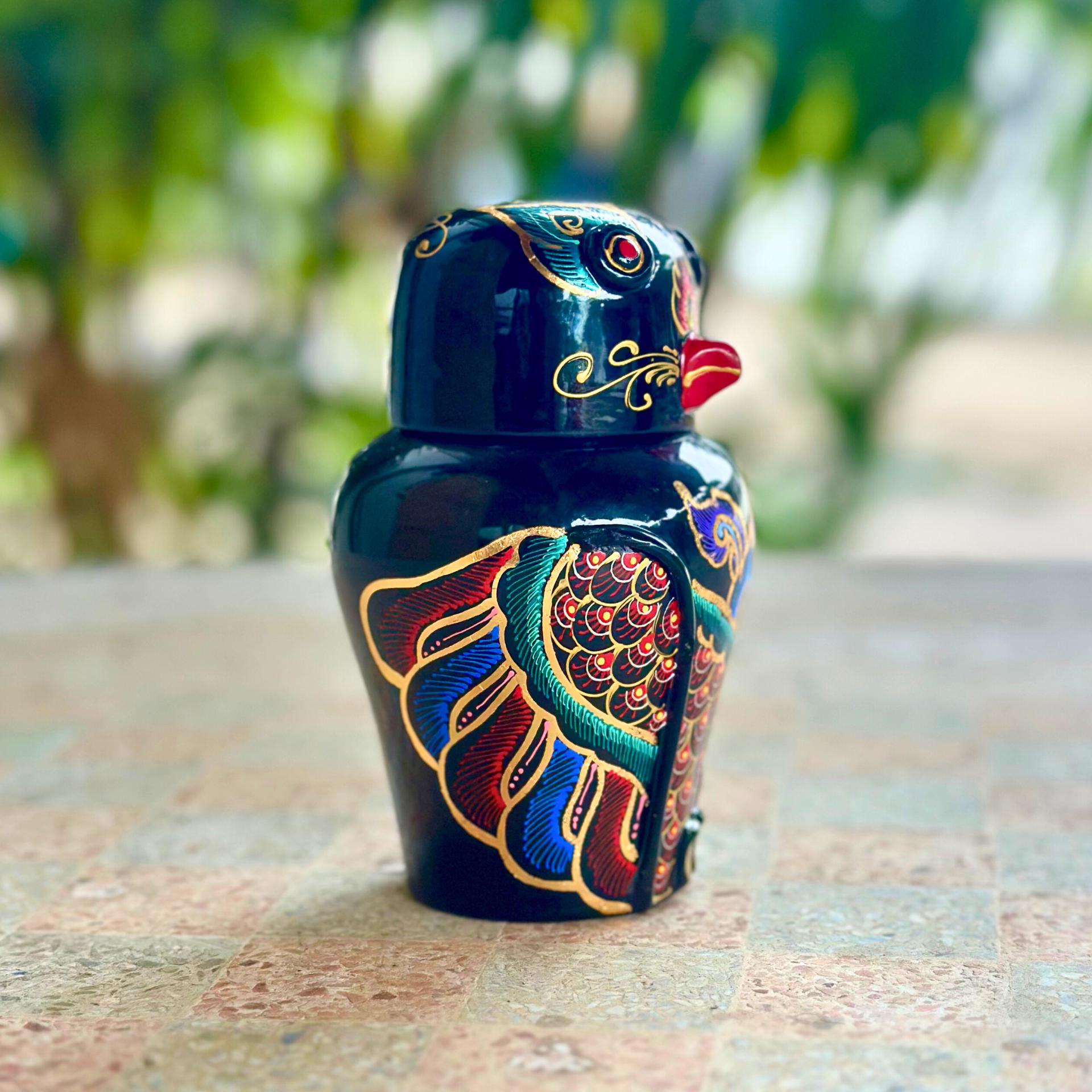 Hand-Painted Acacia Wood Owl Figurine: Black Lacquer Gold Accents