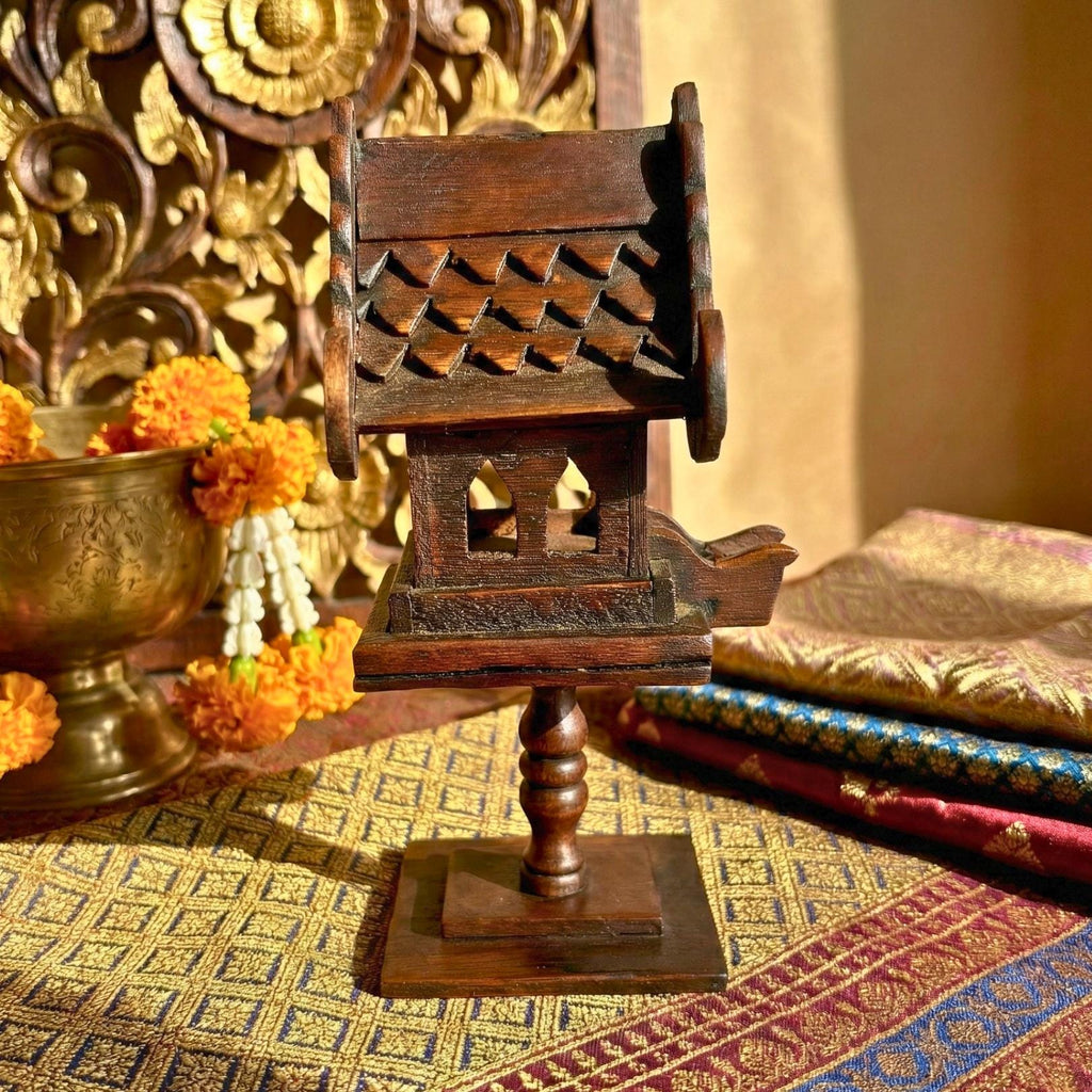 Hand Carved Teak Wood Spirit House Shrine on Pedestal: Thai Altar Decor