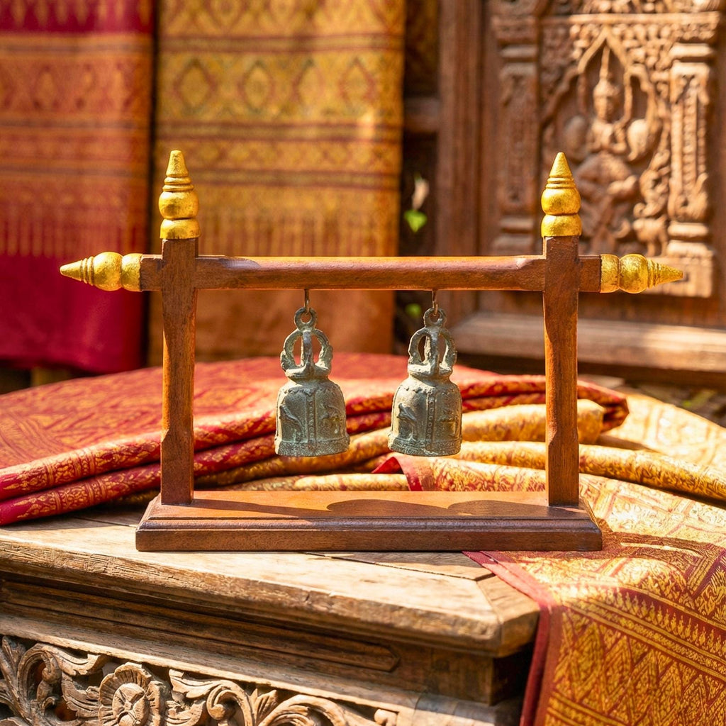 Hand Carved Teak Wood Double Bell Frame: Traditional Thai Temple Decor