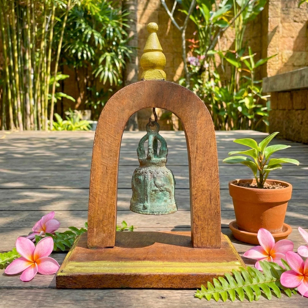 Handcrafted Wood Arch Bell Stand: Aged Brass Temple Bell Rustic Accent