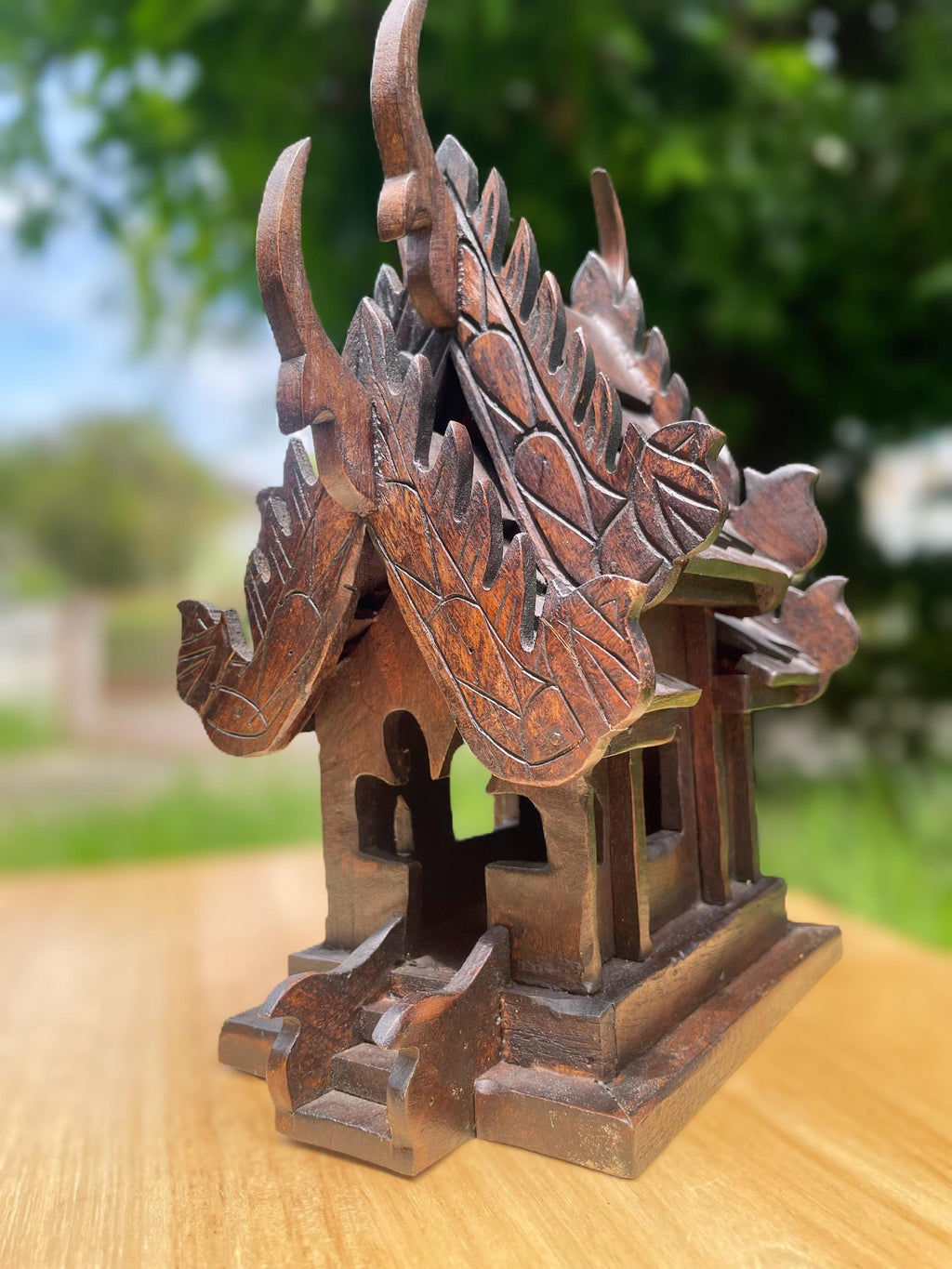 Handcrafted Teak Wood Spirit House: San Phra Phum Traditional Thai Folk Art Decor
