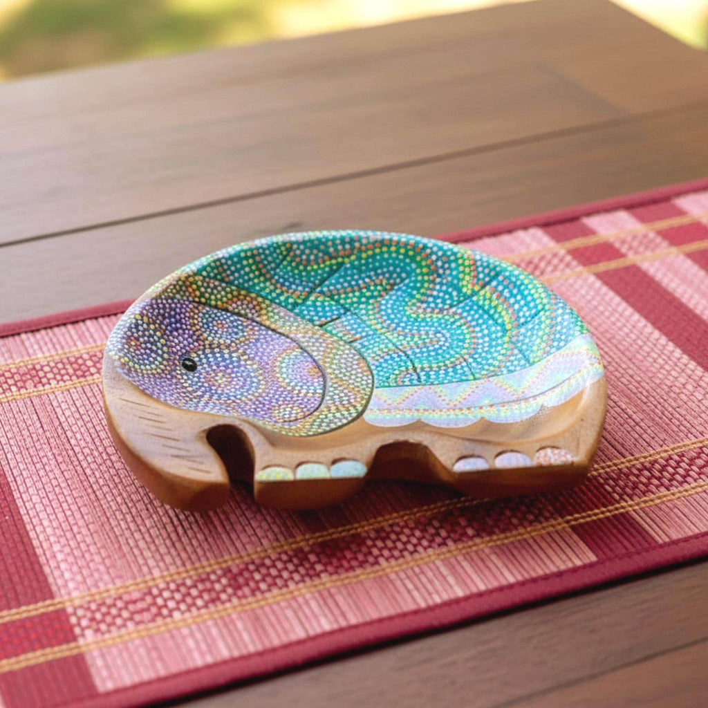 Hand Painted Wooden Elephant Plate with Dot Art Design: Thai Folk Art Decor