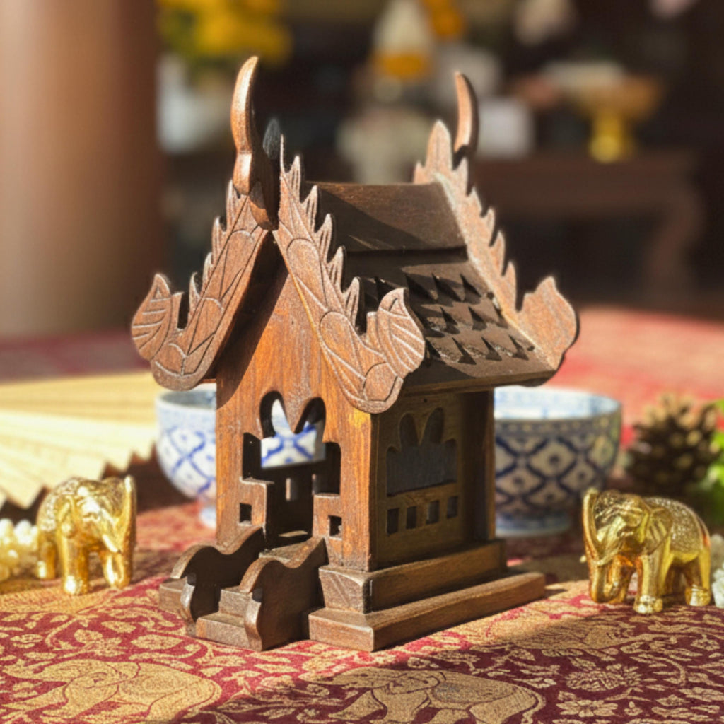 Hand Carved Teak Wood Spirit House Shrine: Traditional Thai Home Temple Decor