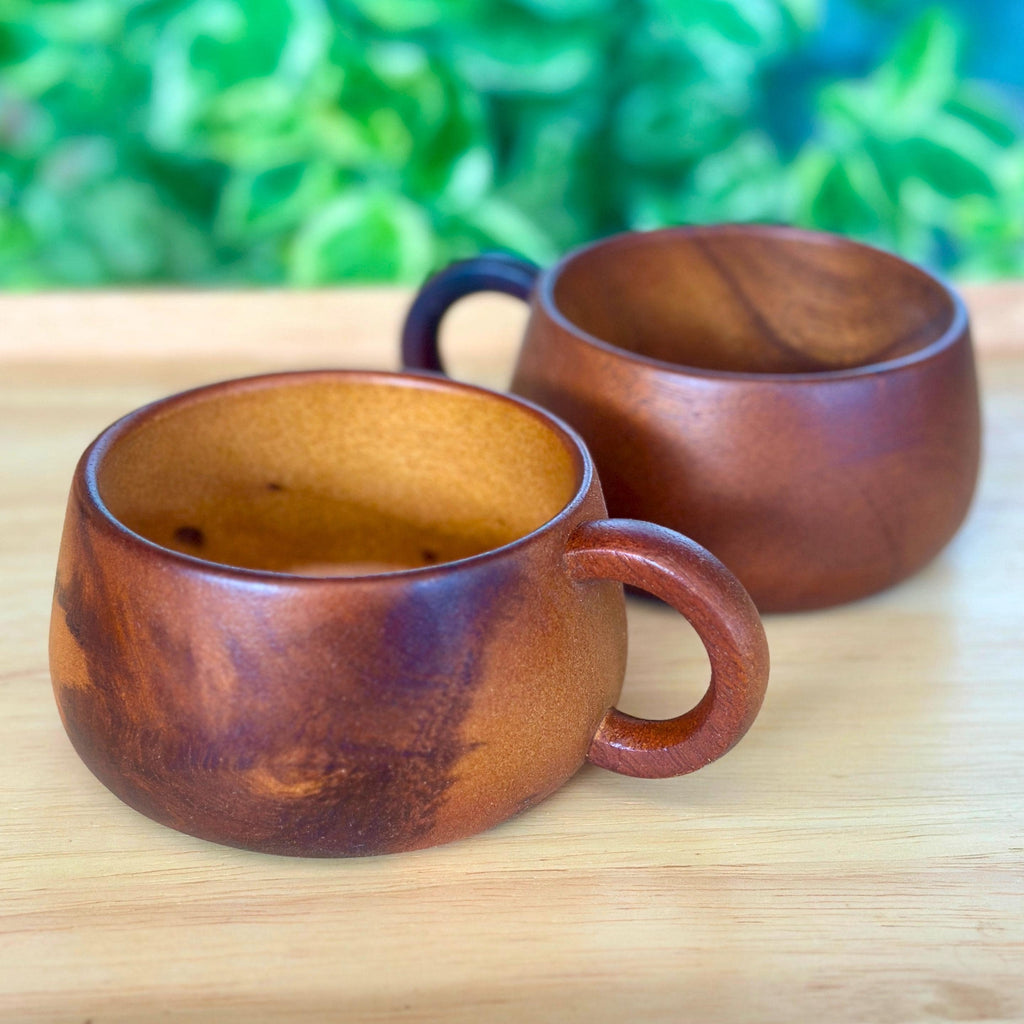 Hand Carved Wooden Coffee Mug Set: Two Teak Wood Tea Cups