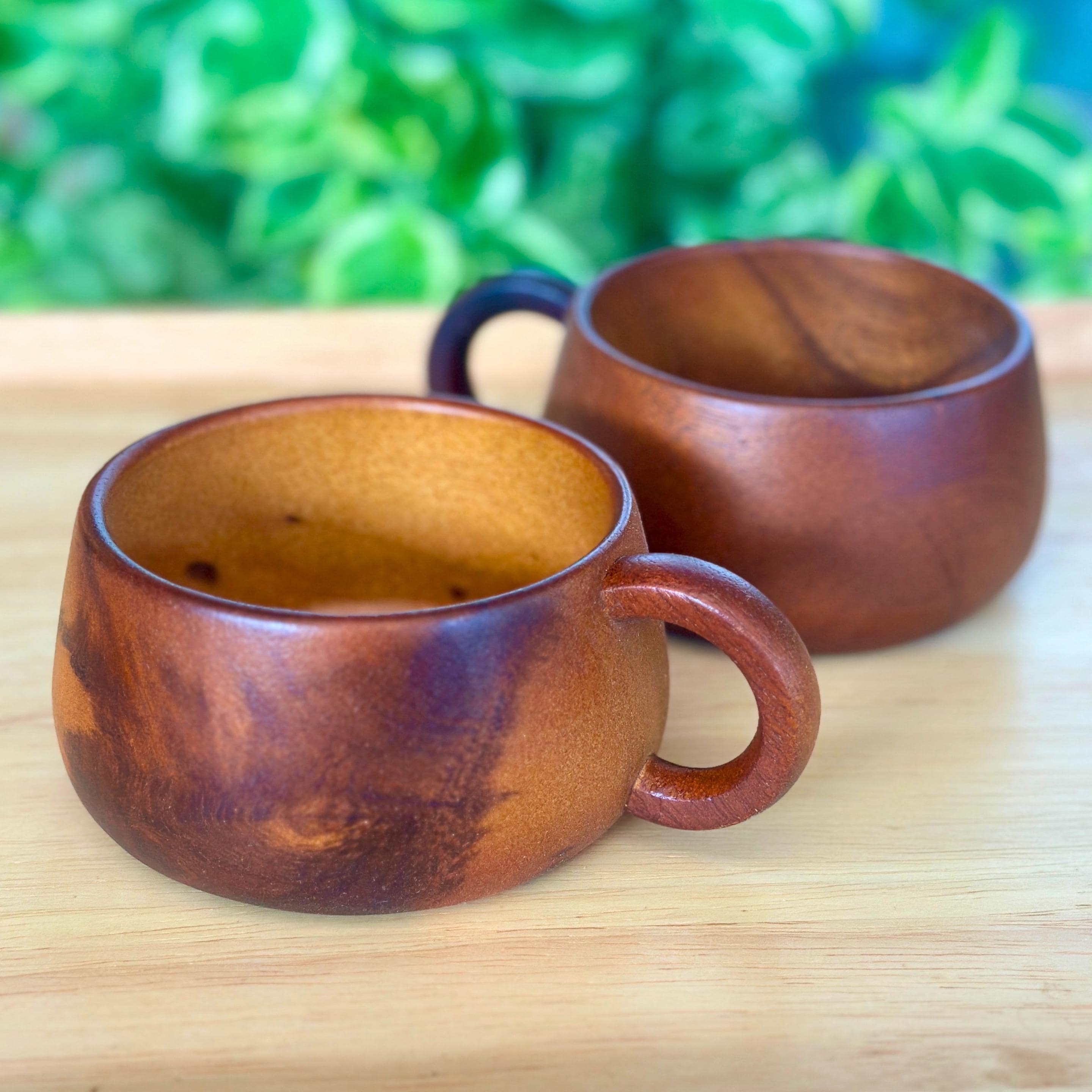 Hand Carved Wooden Coffee Mug Set: Two Teak Wood Tea Cups