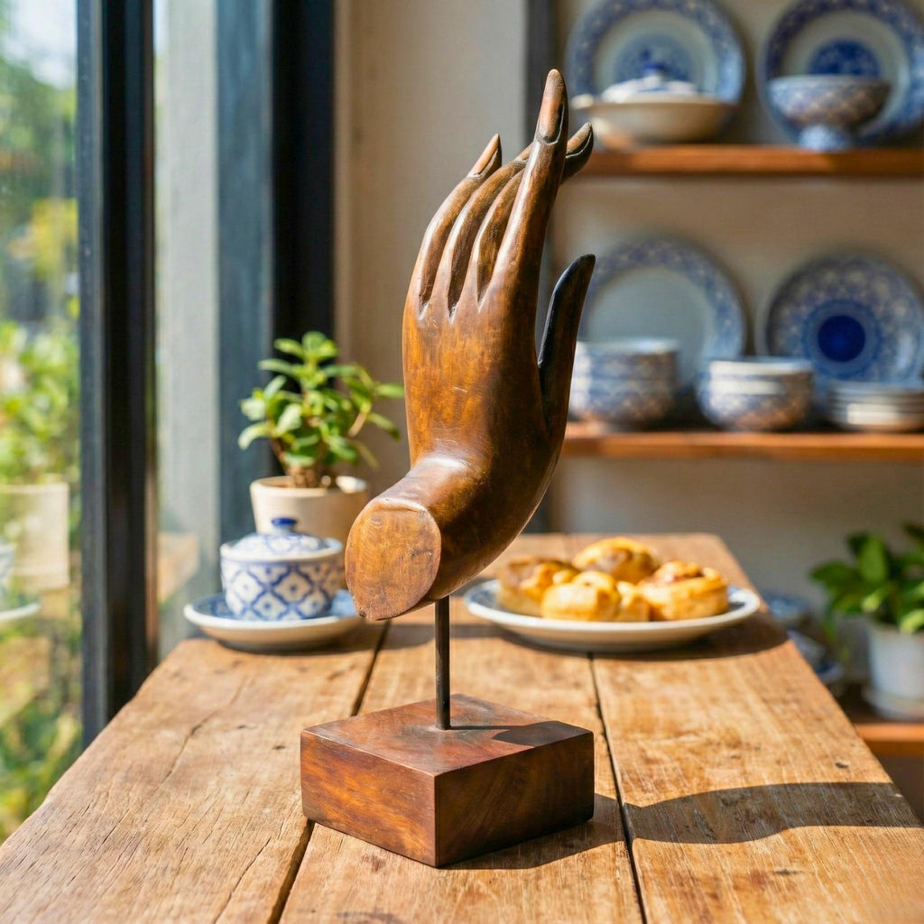 Hand Carved Wood Mudra Sculpture: Abhaya Gesture, Vintage Zen Decor Gift