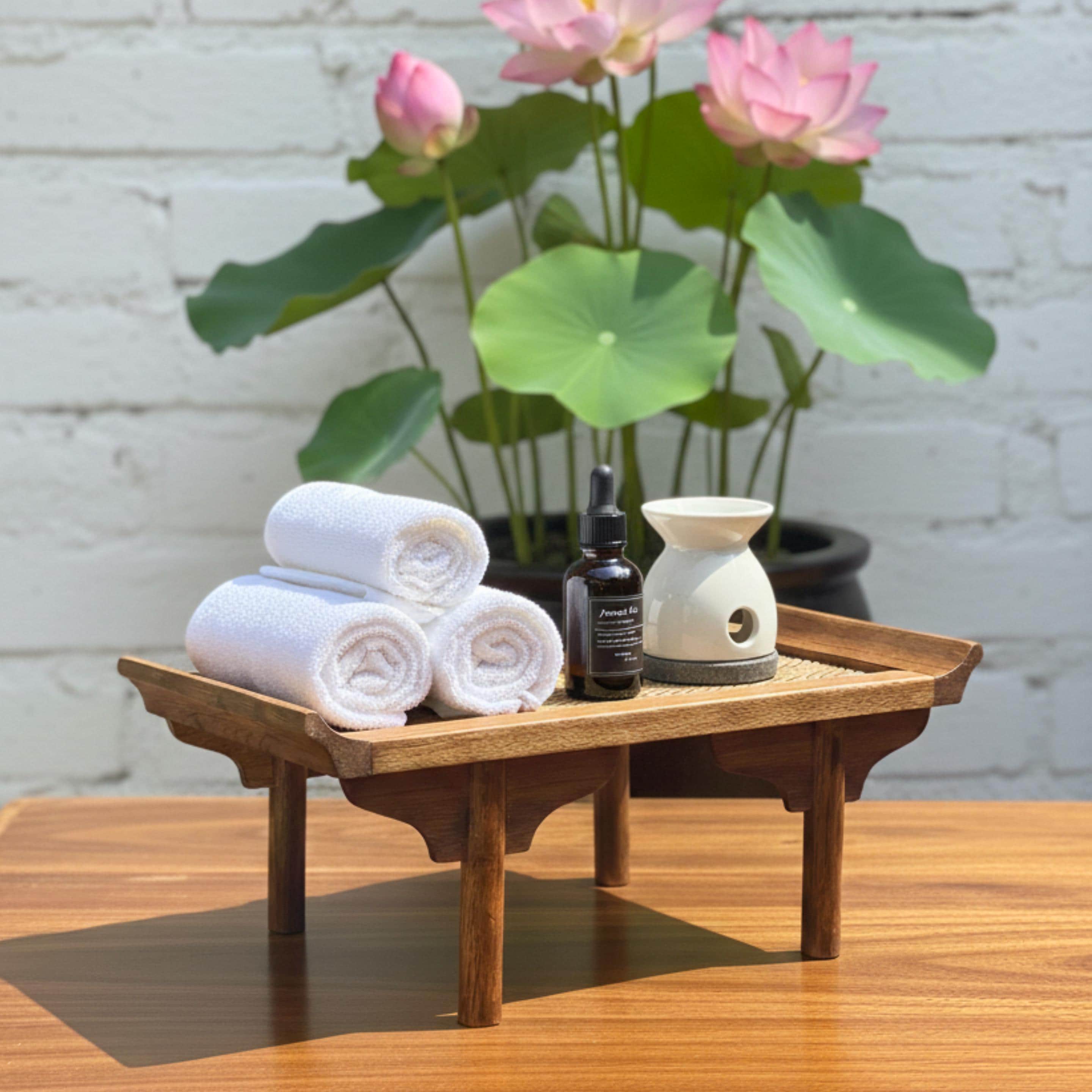 Handcrafted Wooden Altar Pedestal Tray: Woven Rattan Offering Stand