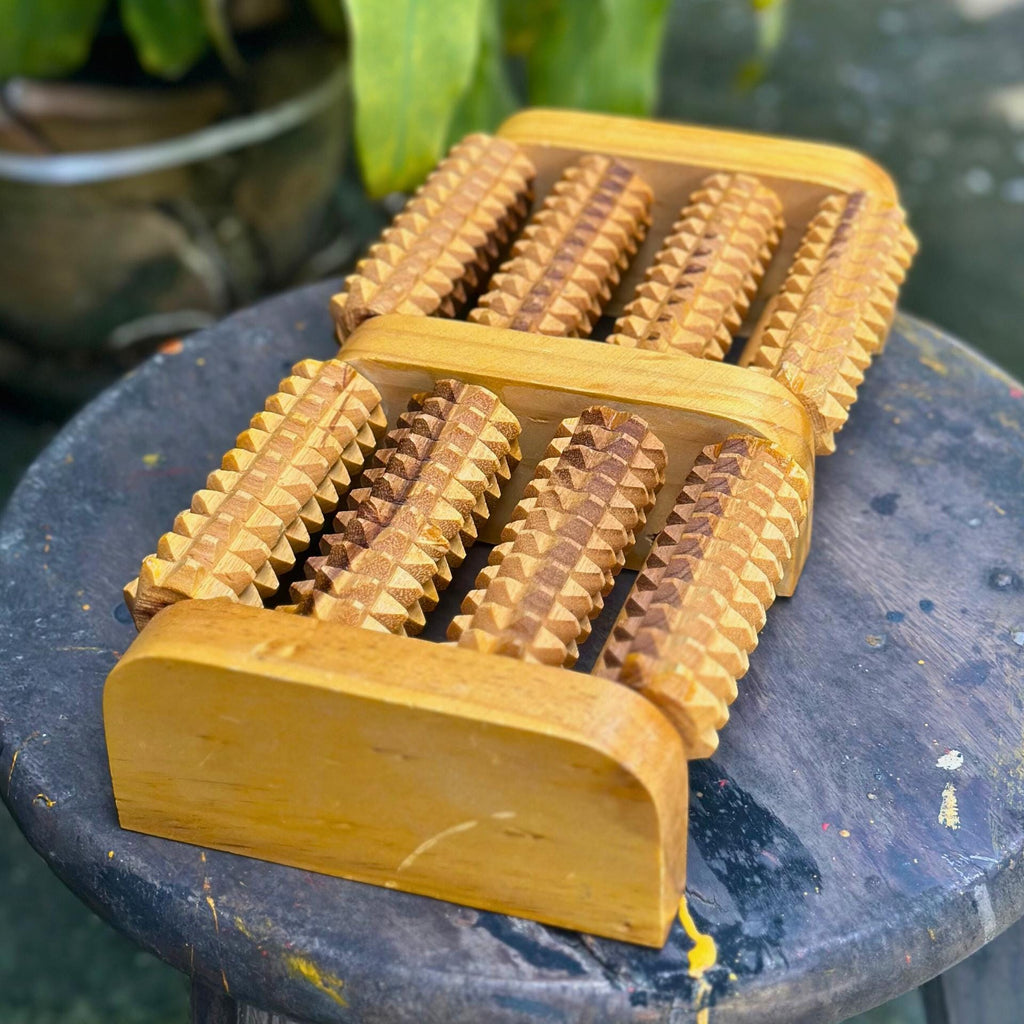 Wooden Foot Massage Roller Dual Reflexology Acupressure Tool Thai Wellness Gift
