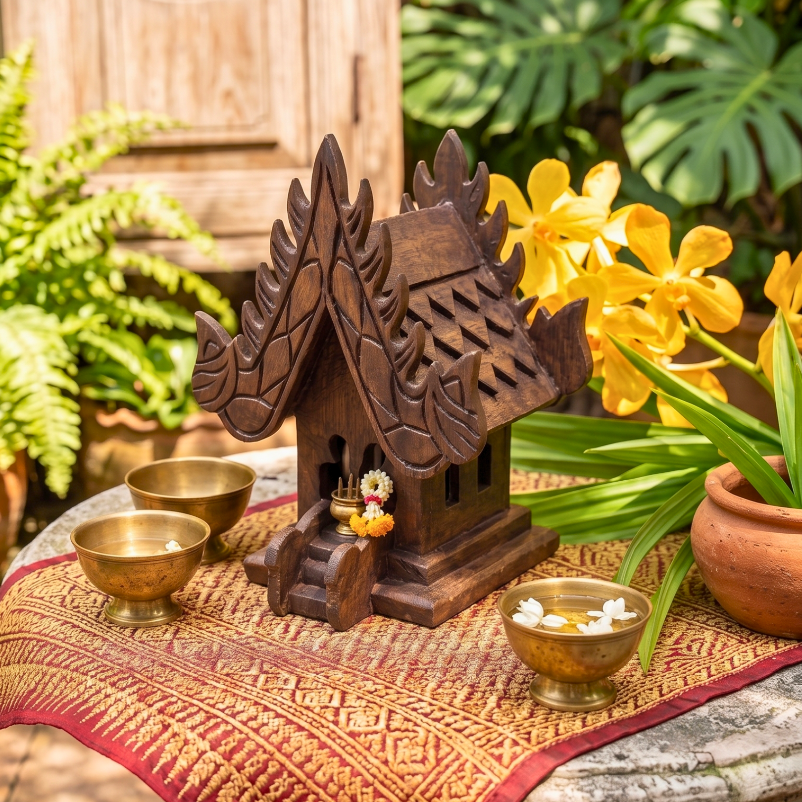 Teak Wood Mini Spirit House, Miniature Thai Altar Shrine, Sacred Housewarming Gift for Zen Home
