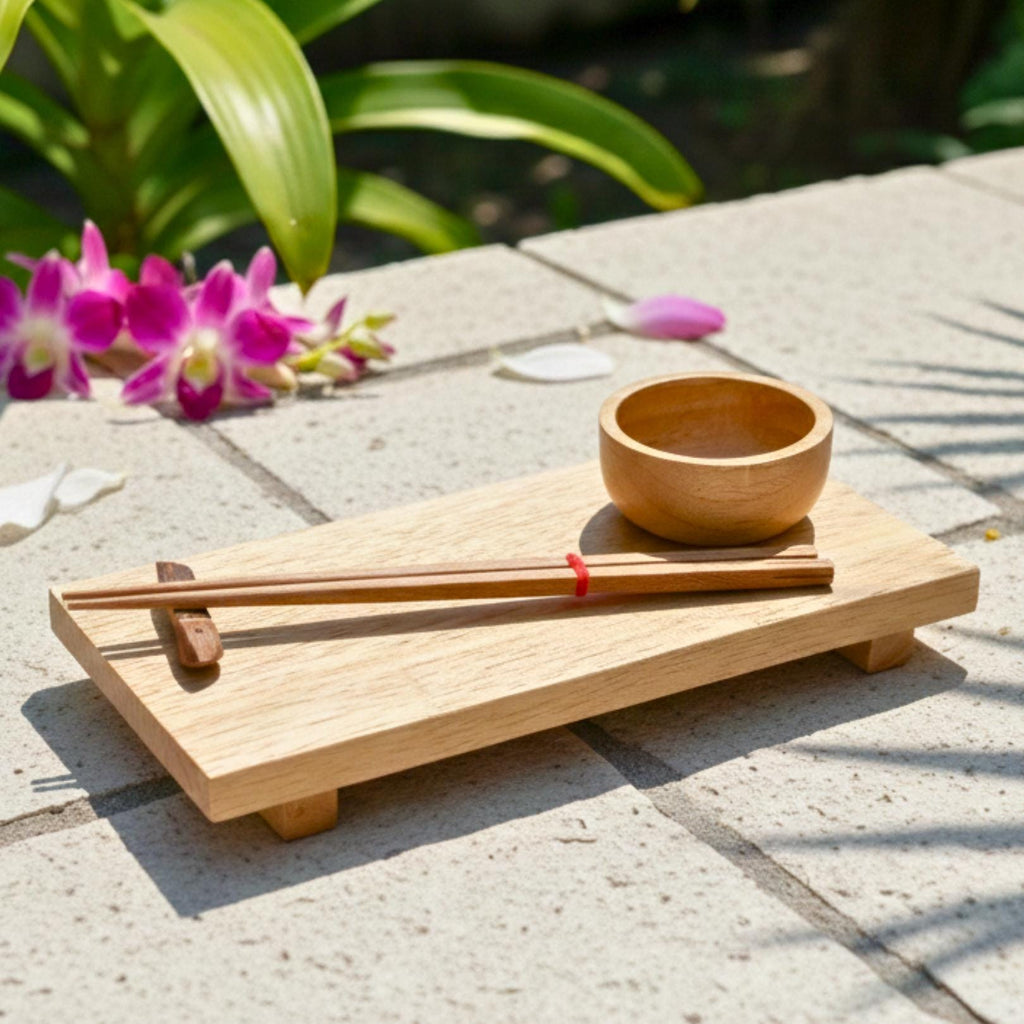 Hand Carved Wood Sushi Platter Set: Minimalist Light Wood Teaware