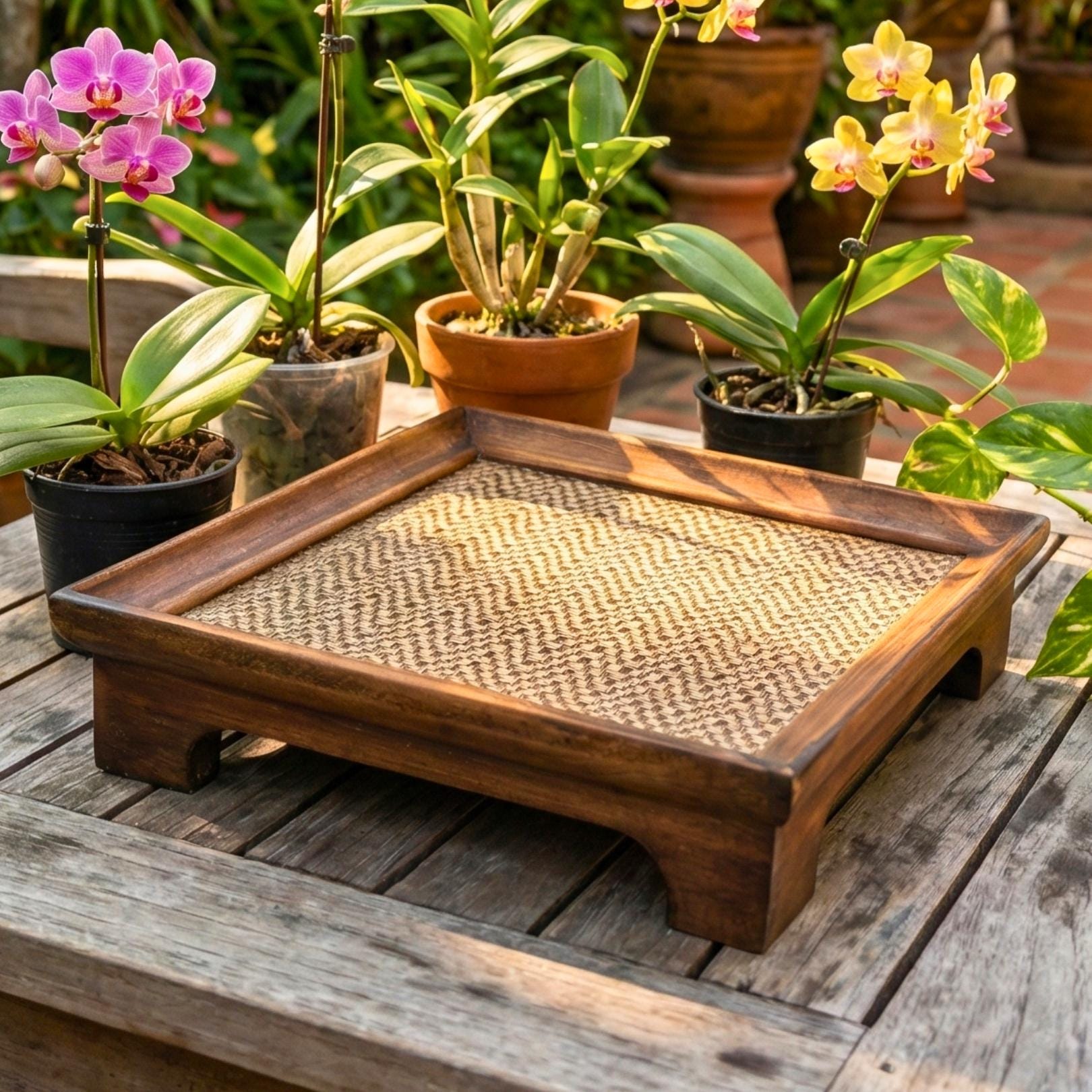 Handcrafted Hardwood Serving Tray: Bamboo Woven Riser for Tea & Teaware, Square
