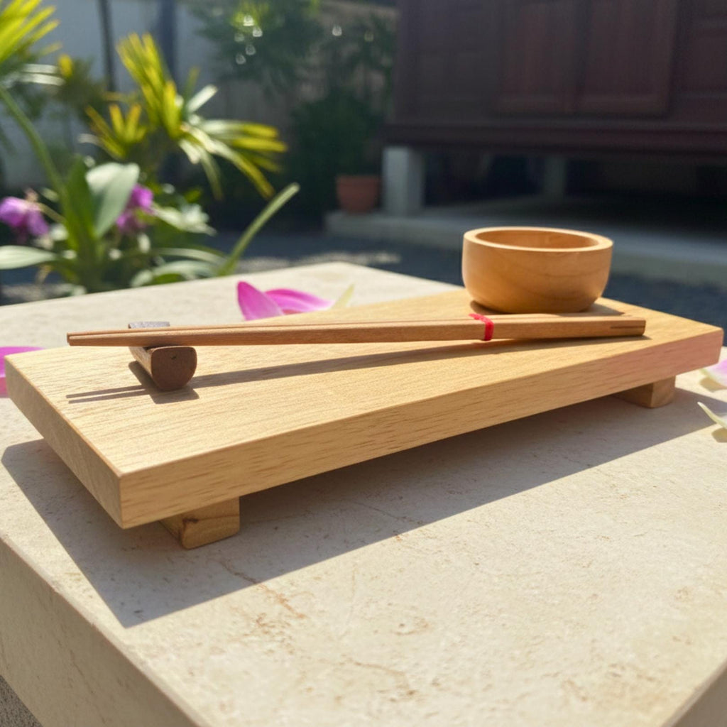 Hand Carved Wood Sushi Platter Set: Minimalist Light Wood Teaware