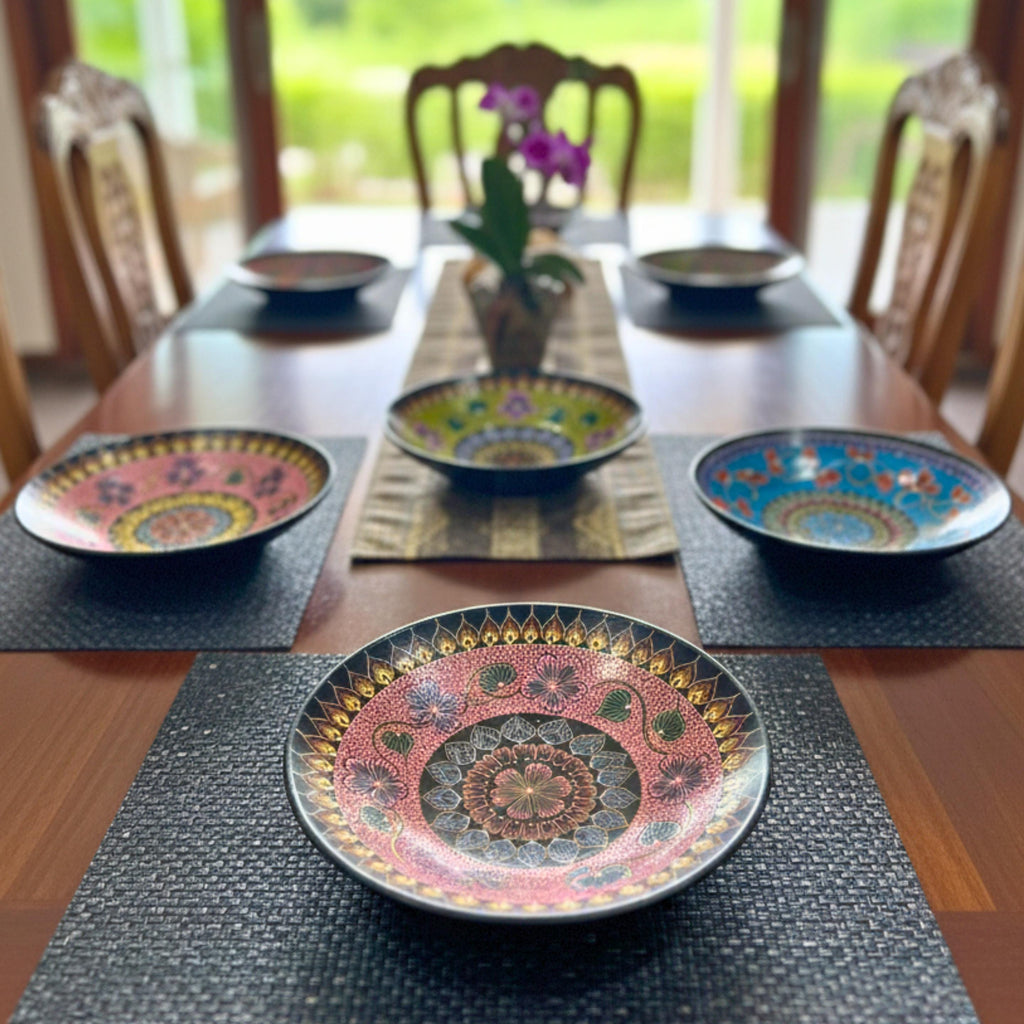 Hand Painted Serving Plate Set of 4: Vibrant Mandala Boho Tableware