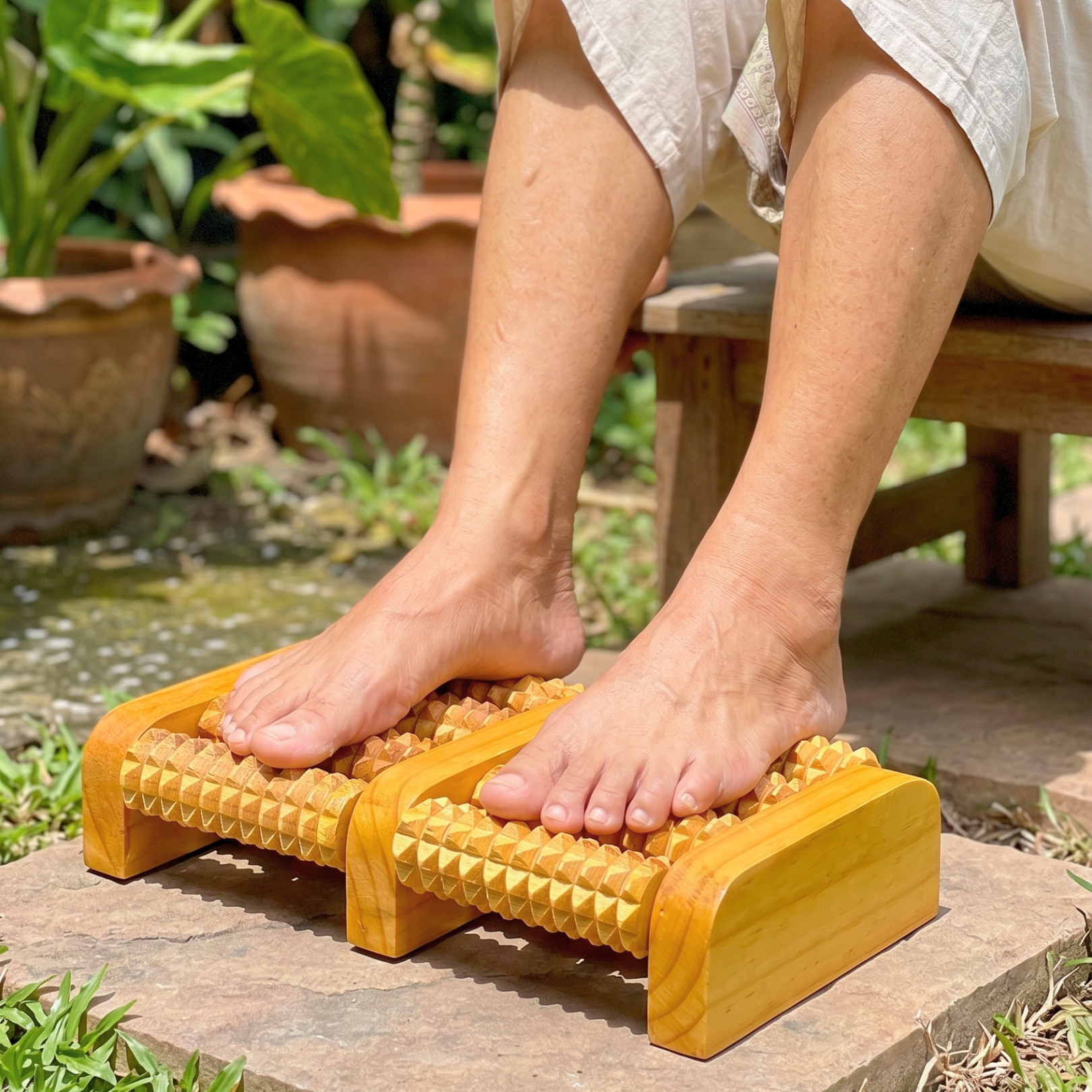 Teak Wood Foot Massage Roller 11 Inch Dual Reflexology Tool for Yoga Lover - Siam Wood Artisans