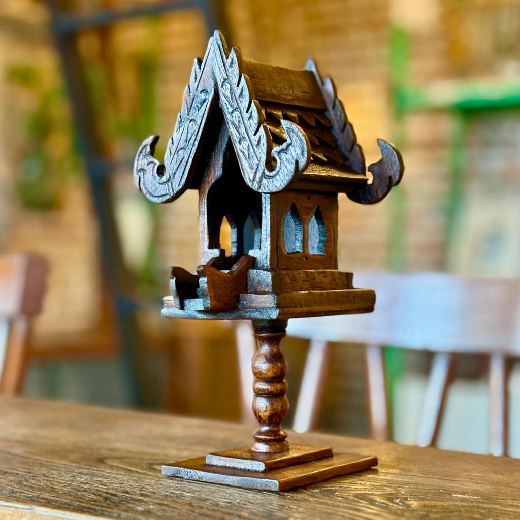 Hand Carved Teak Wood Spirit House Shrine on Pedestal: Thai Altar Decor