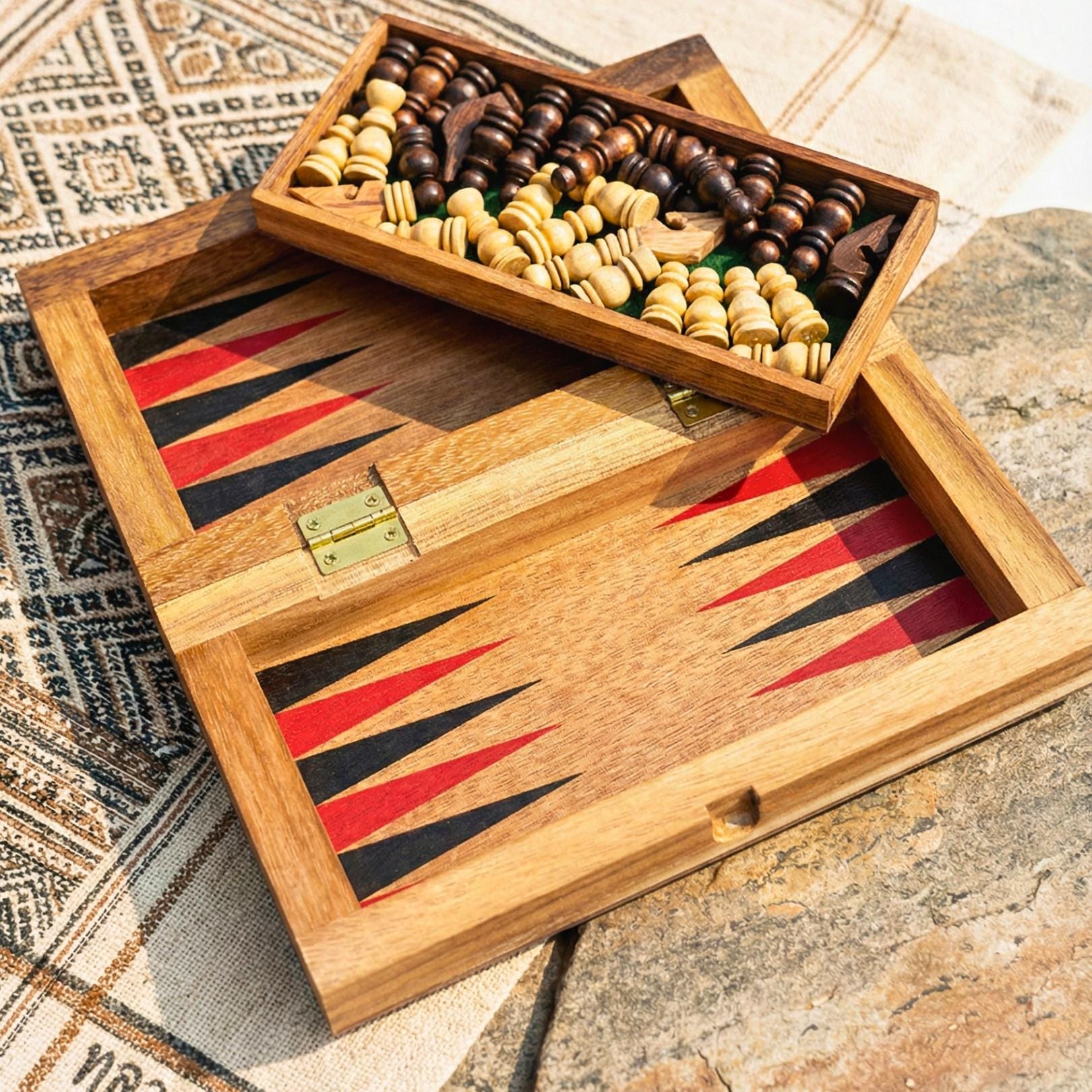 Hand Carved Wood Chess & Backgammon Set: 2-in-1 Traditional Board Game Toy