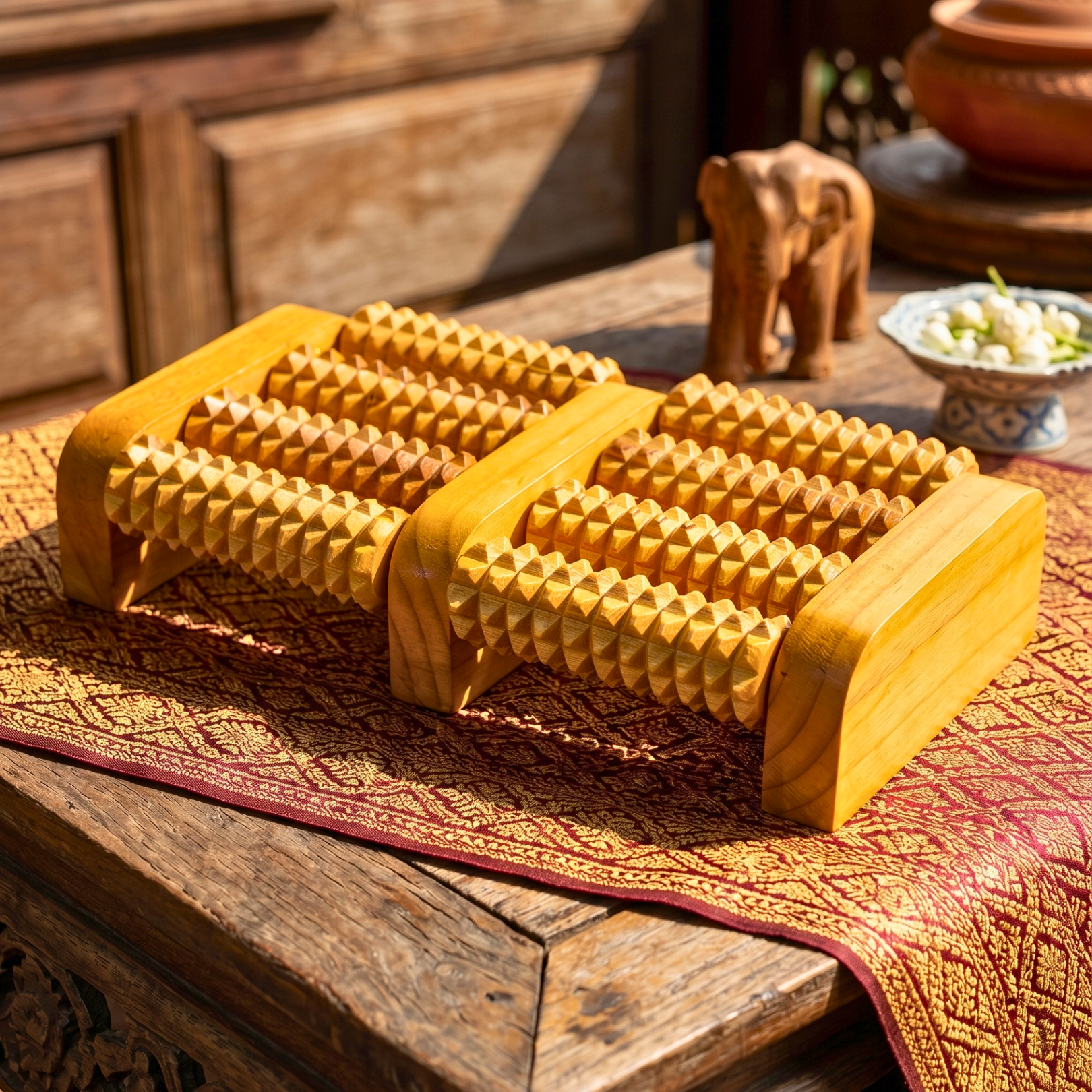 Teak Wood Foot Massage Roller 11 Inch Dual Reflexology Tool for Yoga Lover - Siam Wood Artisans