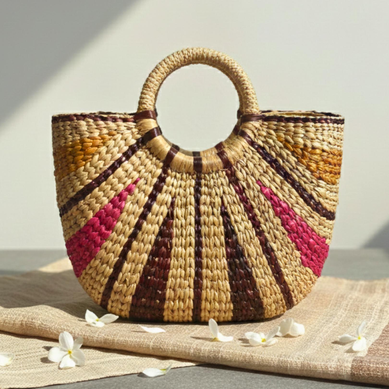 Hand Woven Wicker Handbag: Rustic Boho Tote with Round Handles