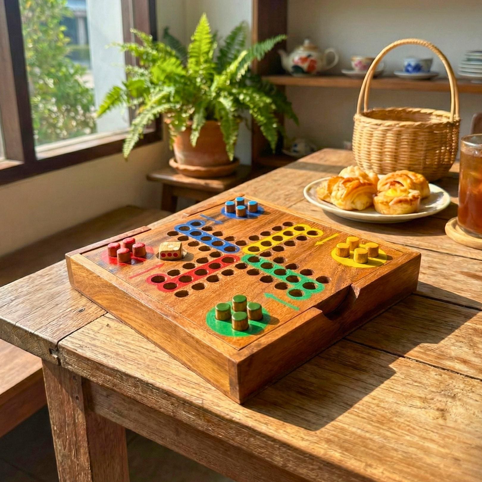 Hand Carved Wood Ludo Game Set: Rustic Portable Board Game Toy
