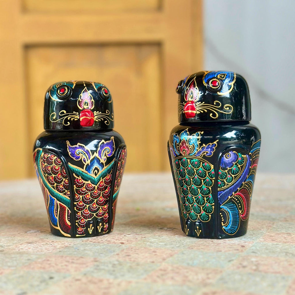 Hand-Painted Acacia Wood Owl Figurine: Black Lacquer Gold Accents
