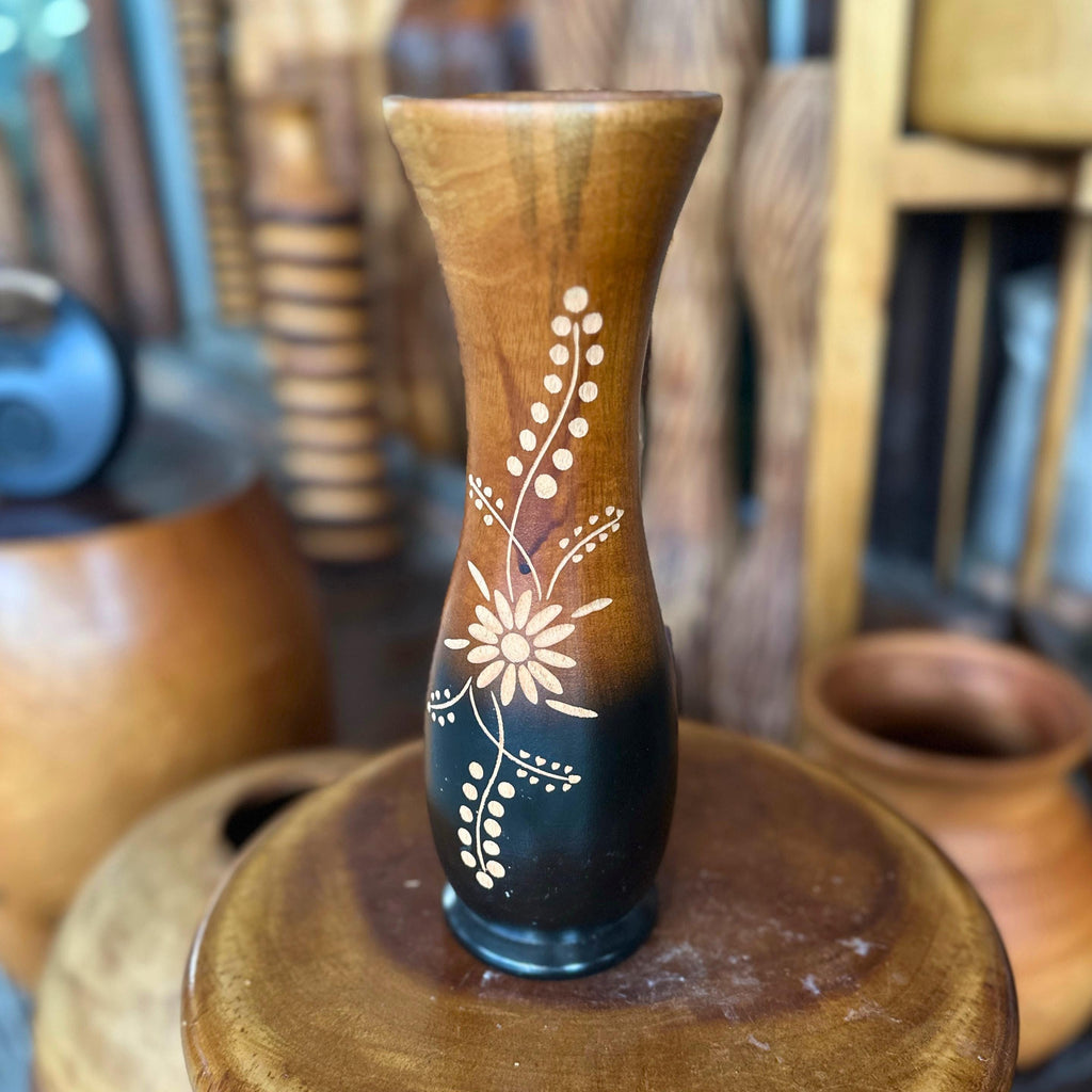 Hand Carved Wooden Tabletop Vase: Two Tone Floral Rustic Centerpiece