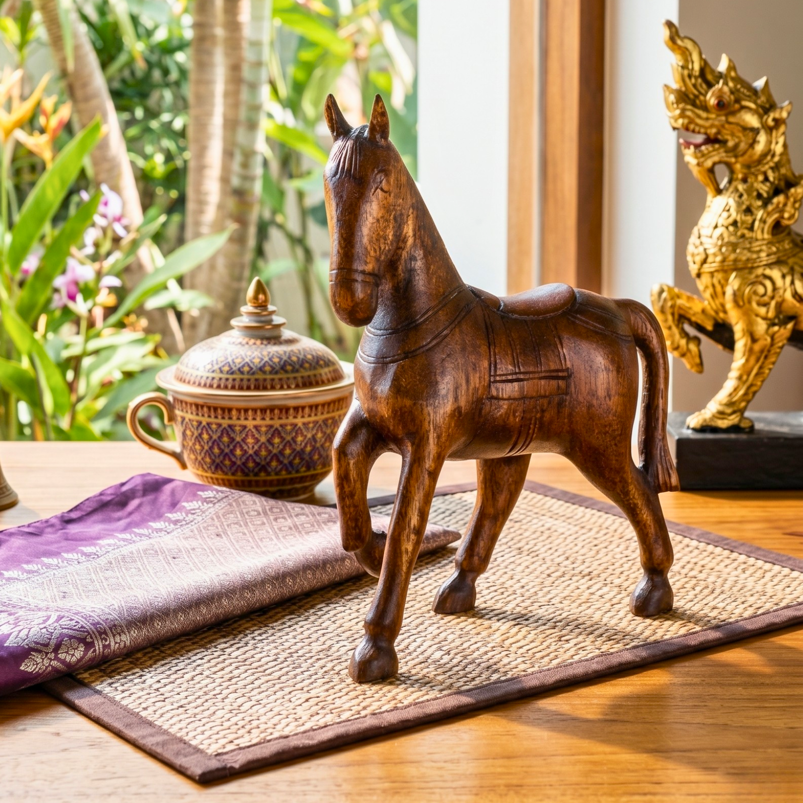 Hand-Carved Wooden Horse Statue: Rustic Farmhouse Decor