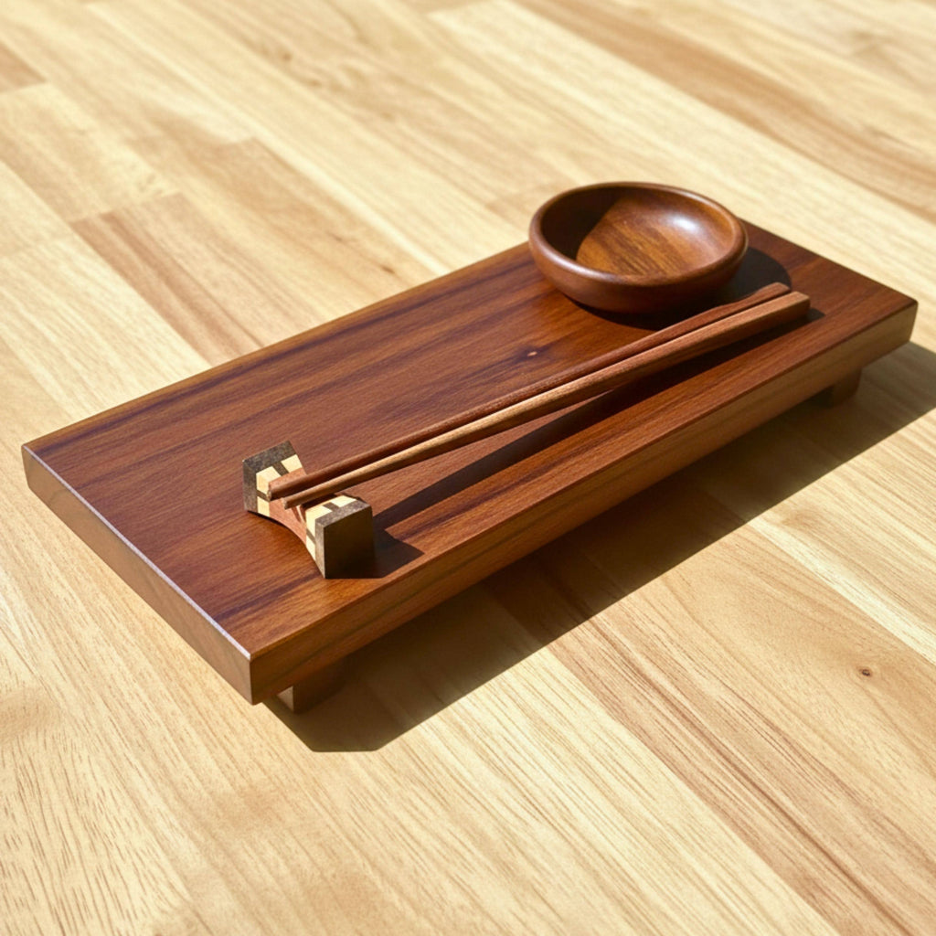 Hand Carved Wood Sushi Platter Set: Minimalist Japanese Tableware