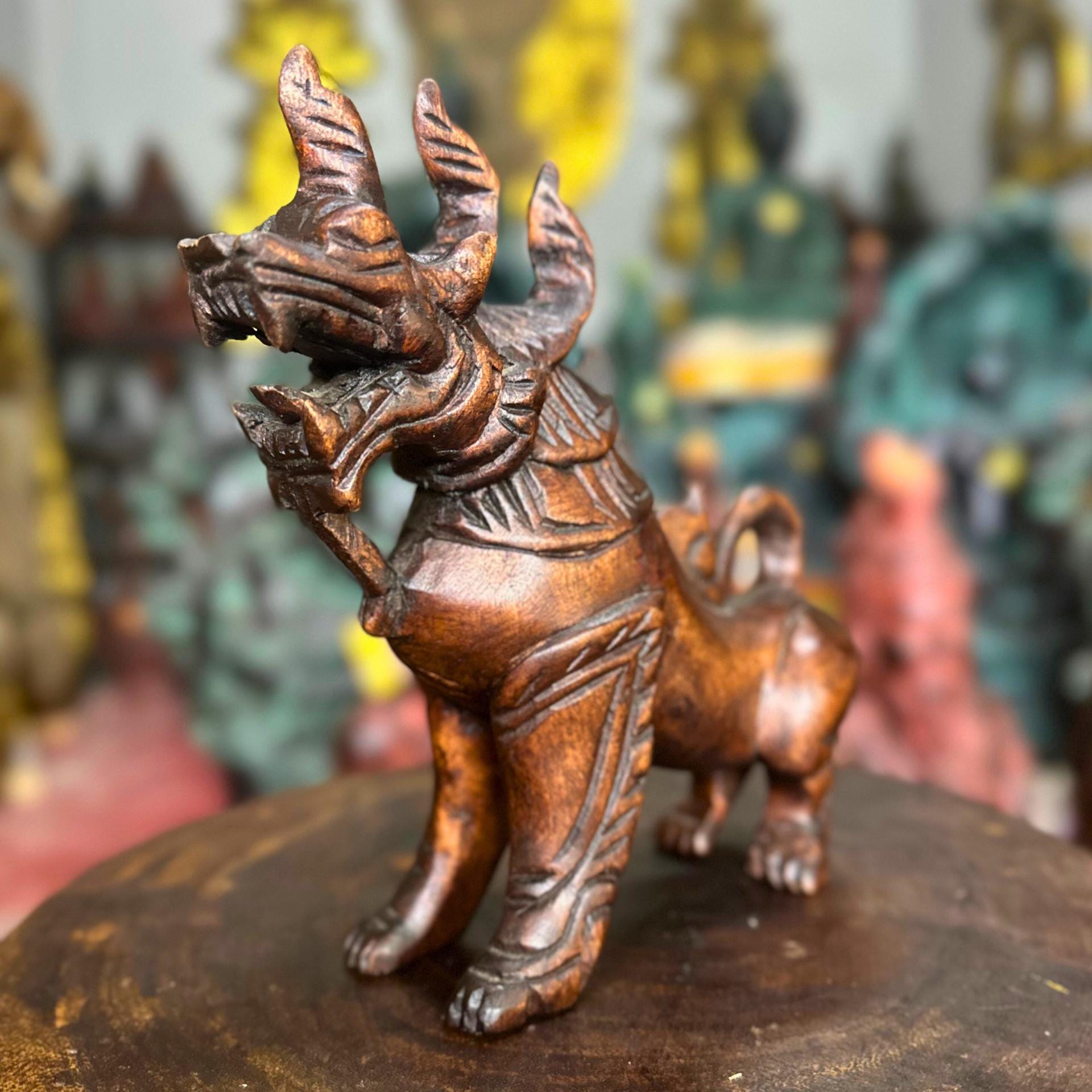 Handcarved Wooden Singha: Thai Mythical Lion Guardian Sculpture