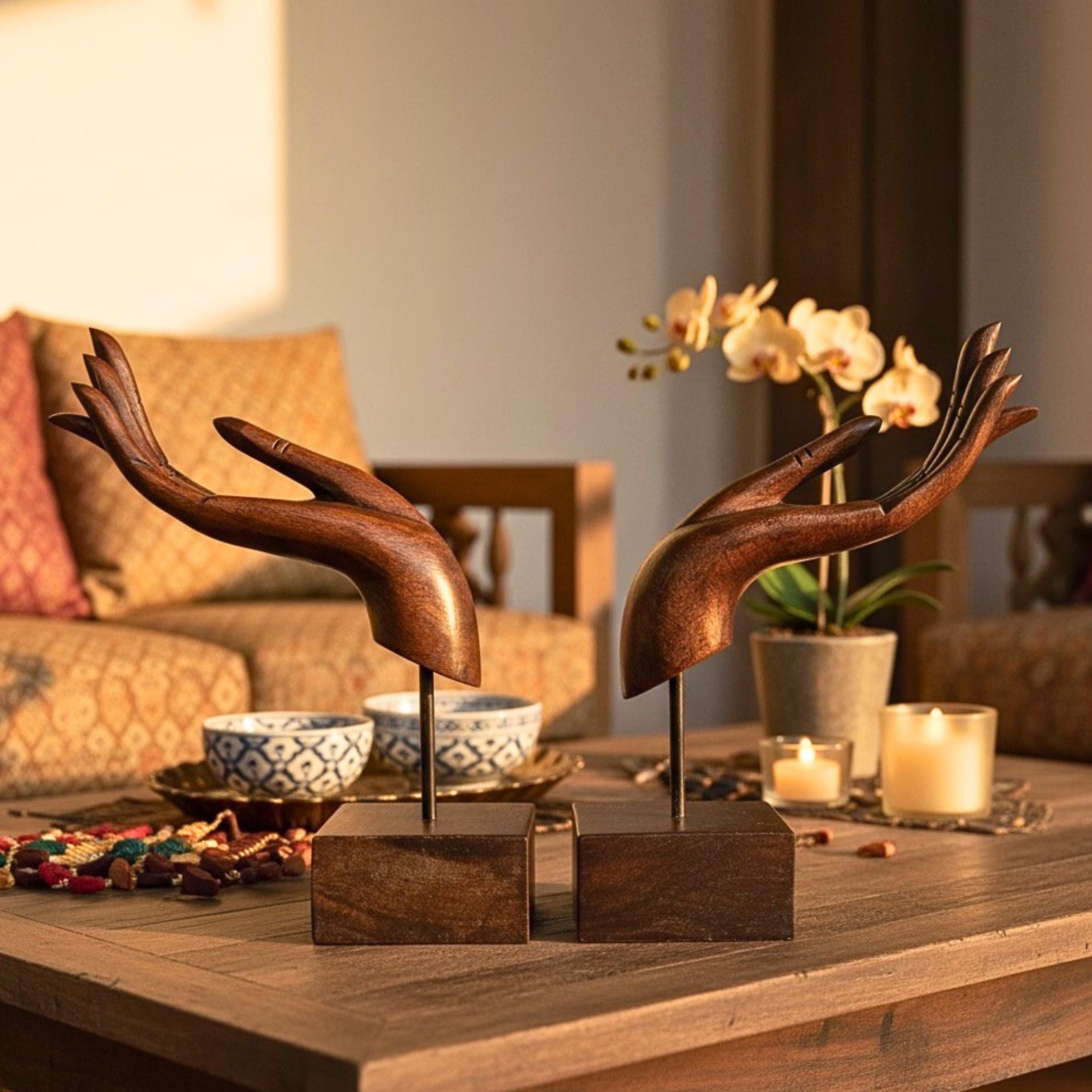 Hand Carved Wood Sculpture Set of 2: Dhyana Mudra Zen Decor