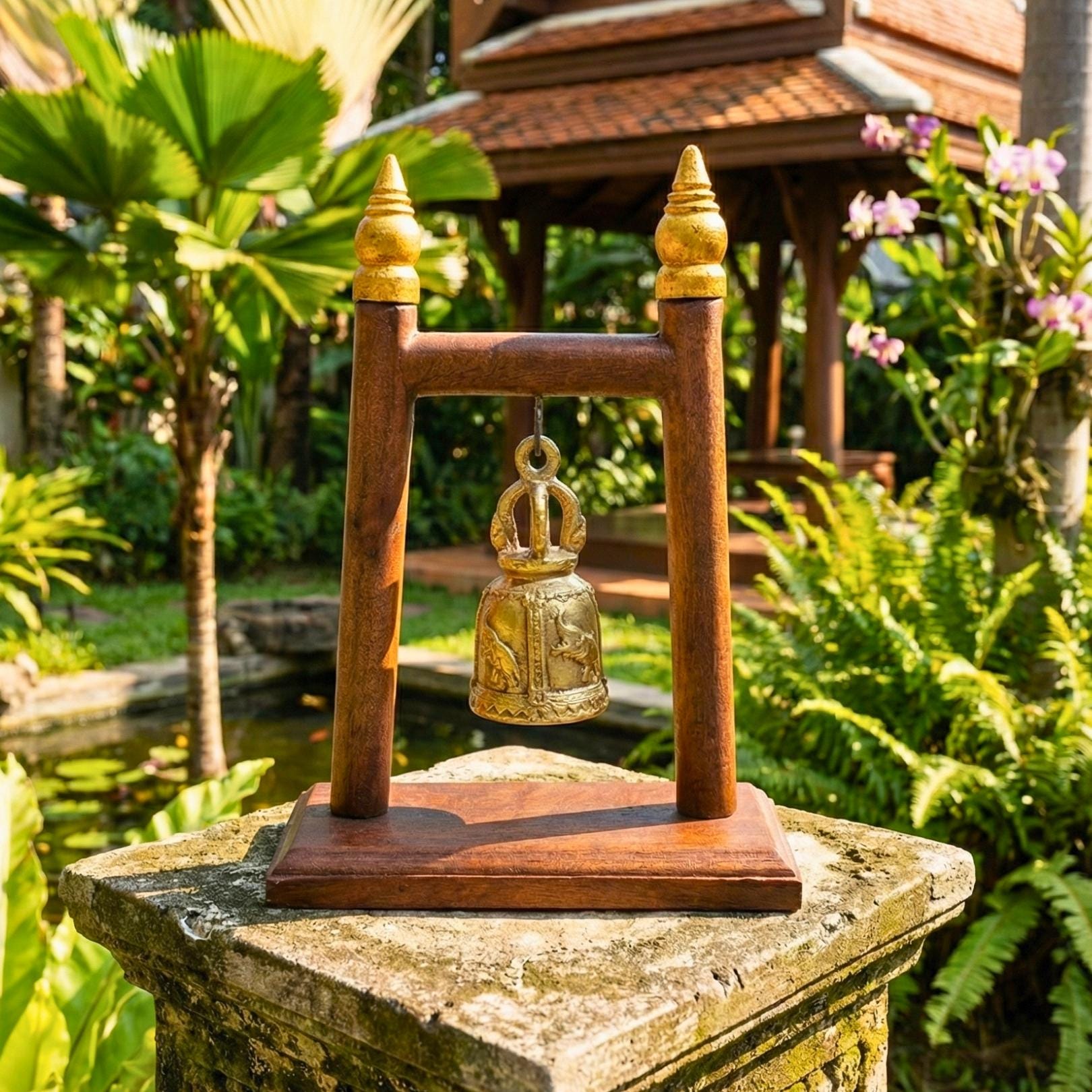 Hand Carved Teak Wood Single Bell Frame: Traditional & Serene Thai Altar Decor