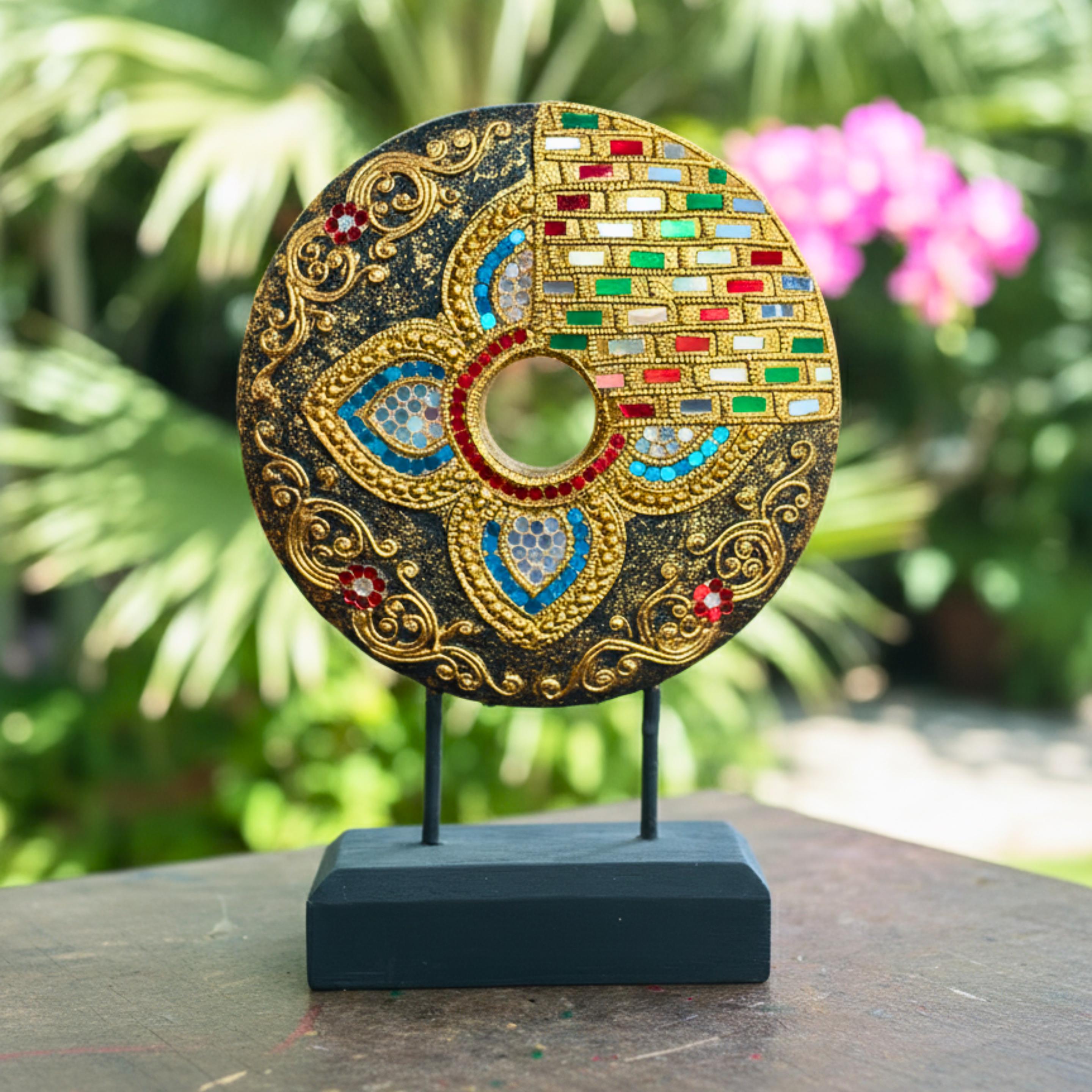 Handcrafted Mandala Disc on Stand (Floral): Thai Wood Sculpture Zen Decor