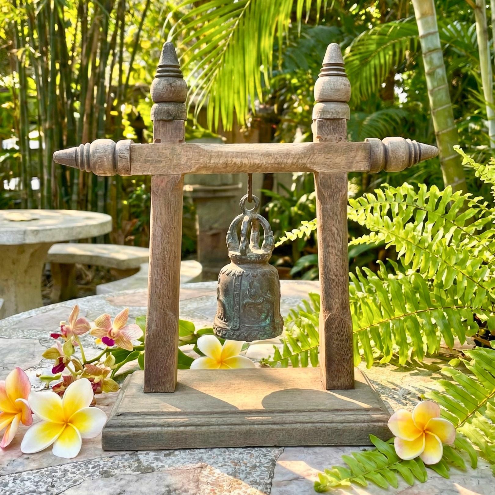 Handcrafted Wood Temple Bell on Stand: Rustic Meditation Decor