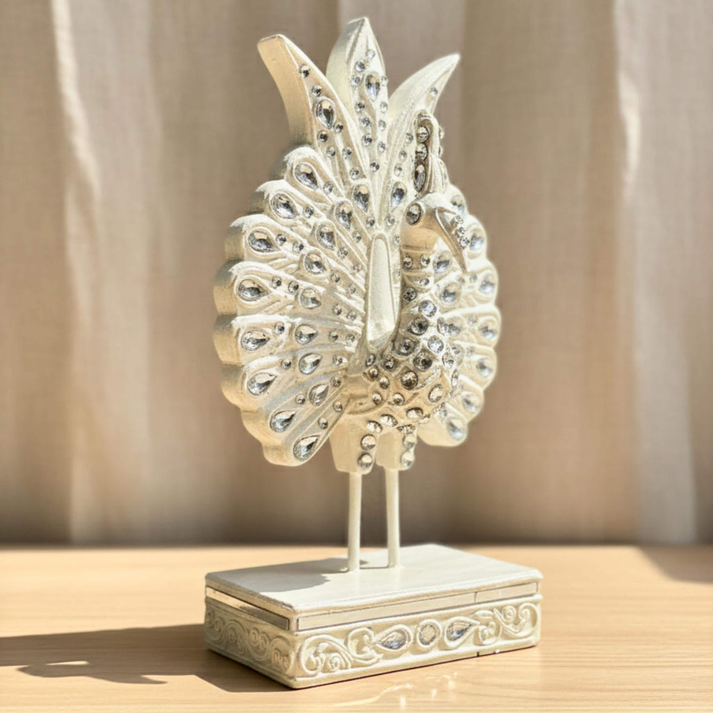 Jeweled Silver Peacock Figurine: Elegant Ornate Thai Decor