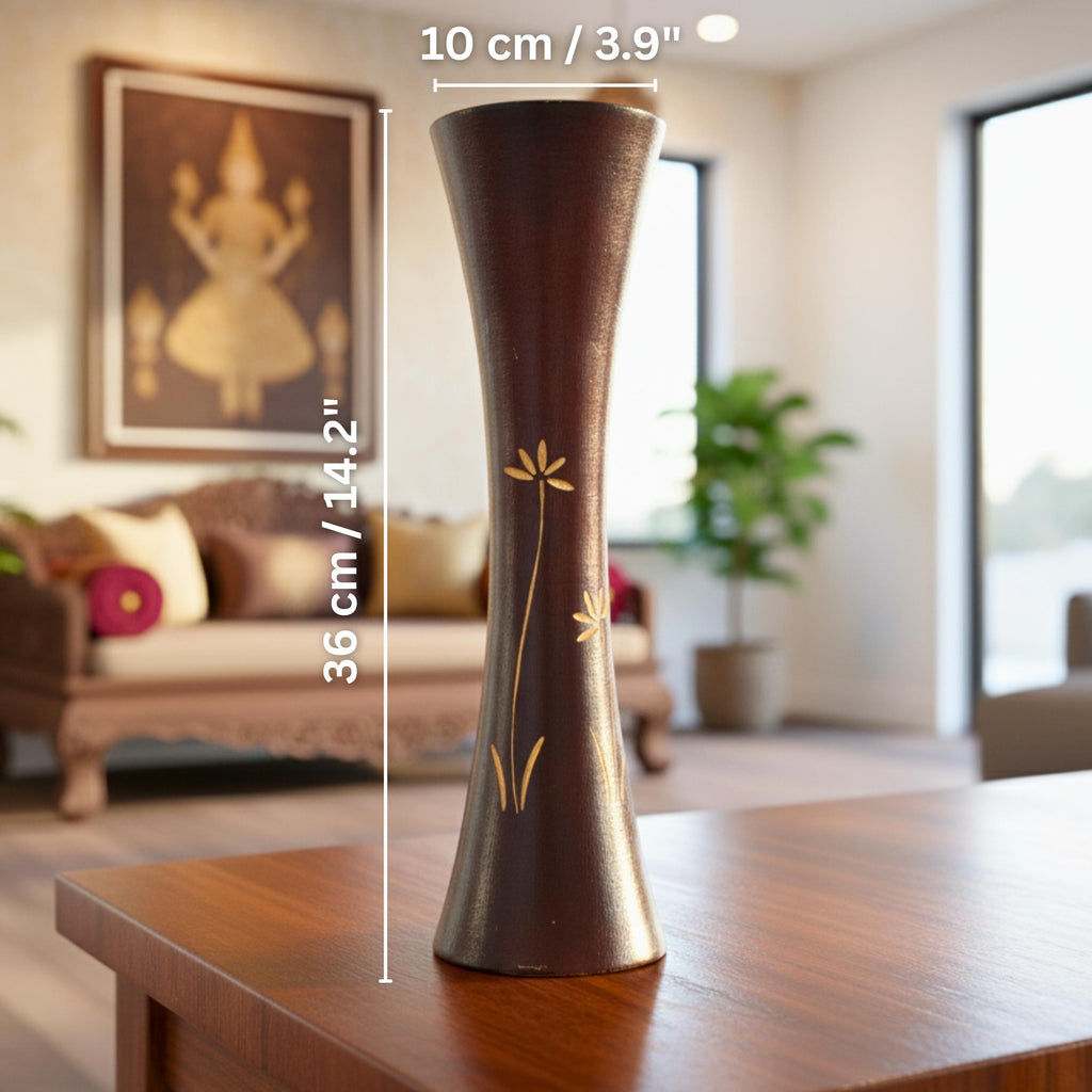 Hand Carved Wooden Tabletop Vase: Two Tone Floral Rustic Decor