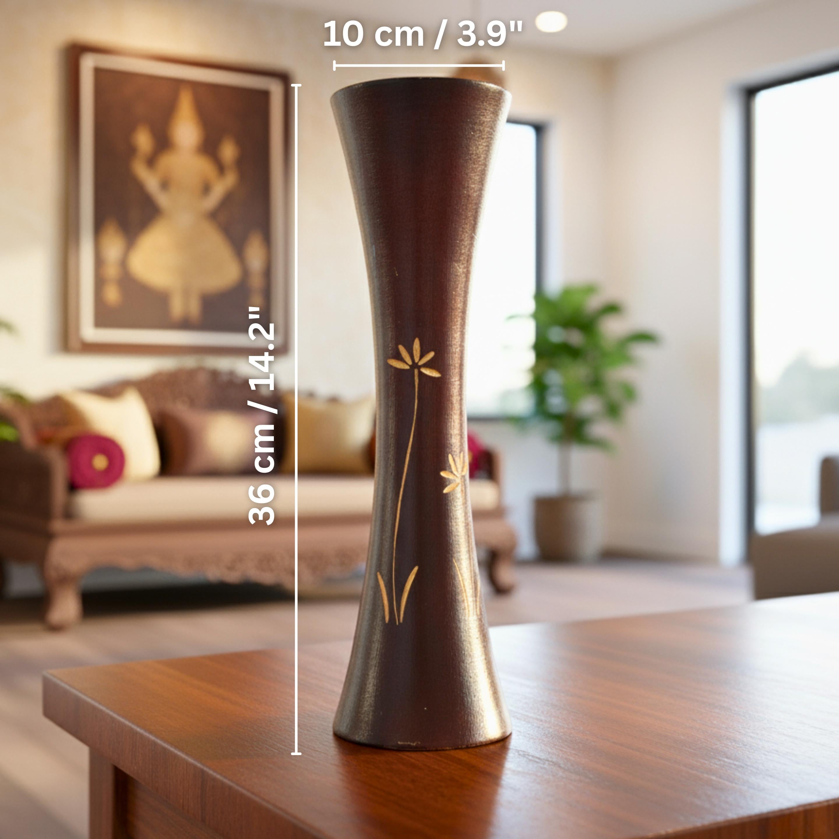 Hand Carved Wooden Tabletop Vase: Two Tone Floral Rustic Decor