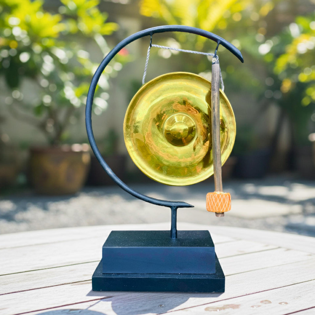 Minimalist Metal Gong on Stand: Golden Brass Zen Decor