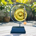 Minimalist Metal Gong on Stand: Golden Brass Zen Decor