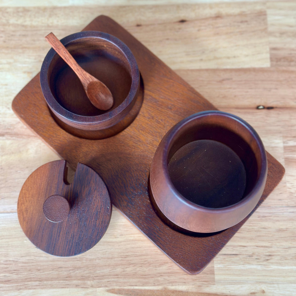Hand Carved Wood Sugar Bowl & Tumbler Set: Coffee Bar Serving Tray