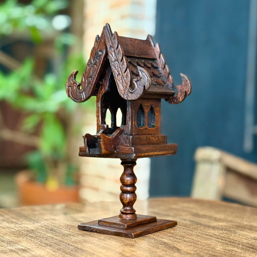 Hand Carved Teak Wood Spirit House Shrine on Pedestal: Thai Altar Decor