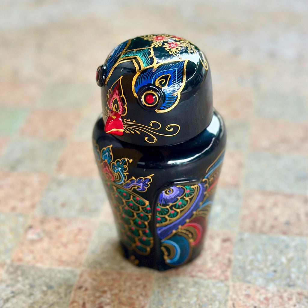 Hand-Painted Acacia Wood Owl Figurine: Black Lacquer Gold Accents