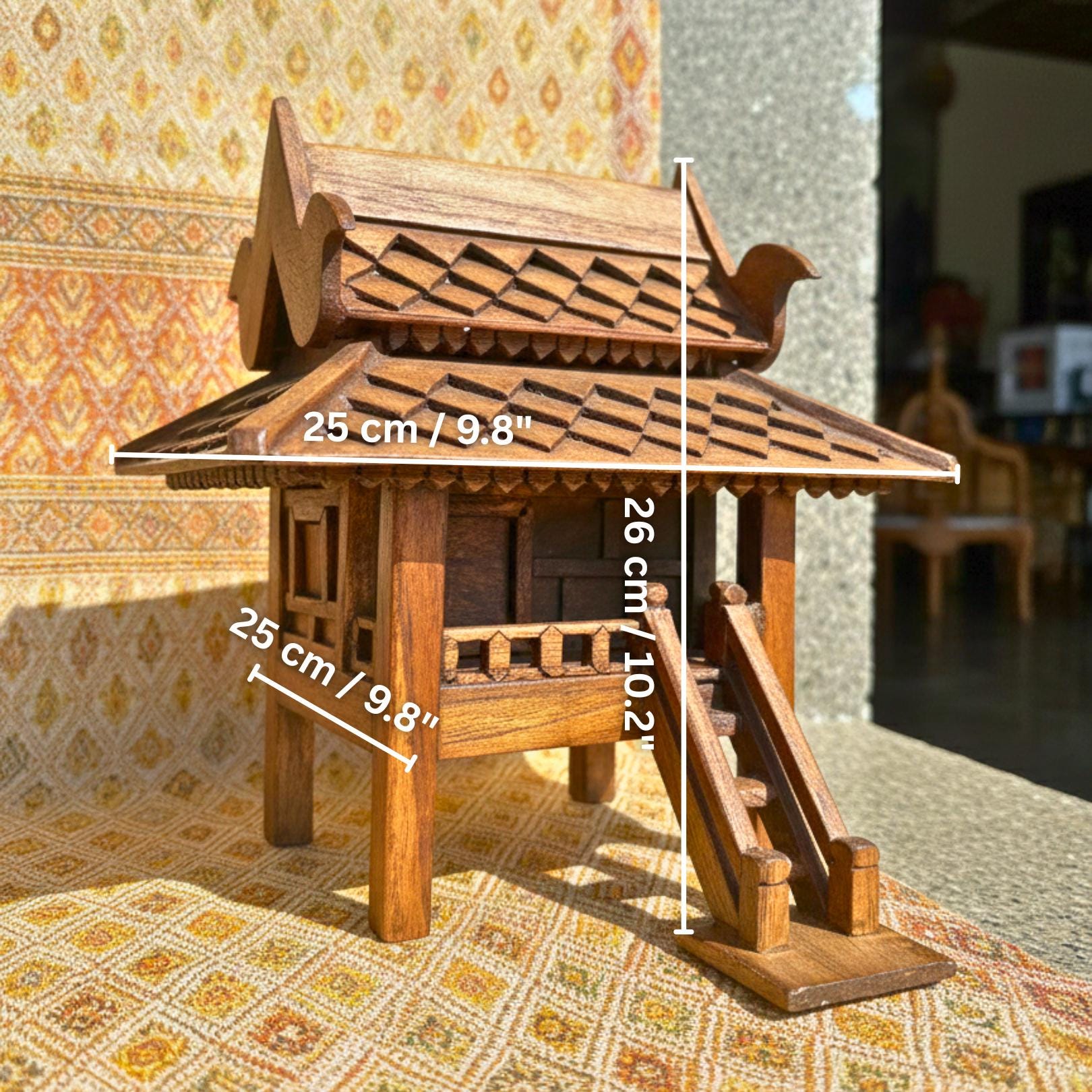 Hand Carved Teak Wood Spirit House: Traditional Thai Architectural Miniature