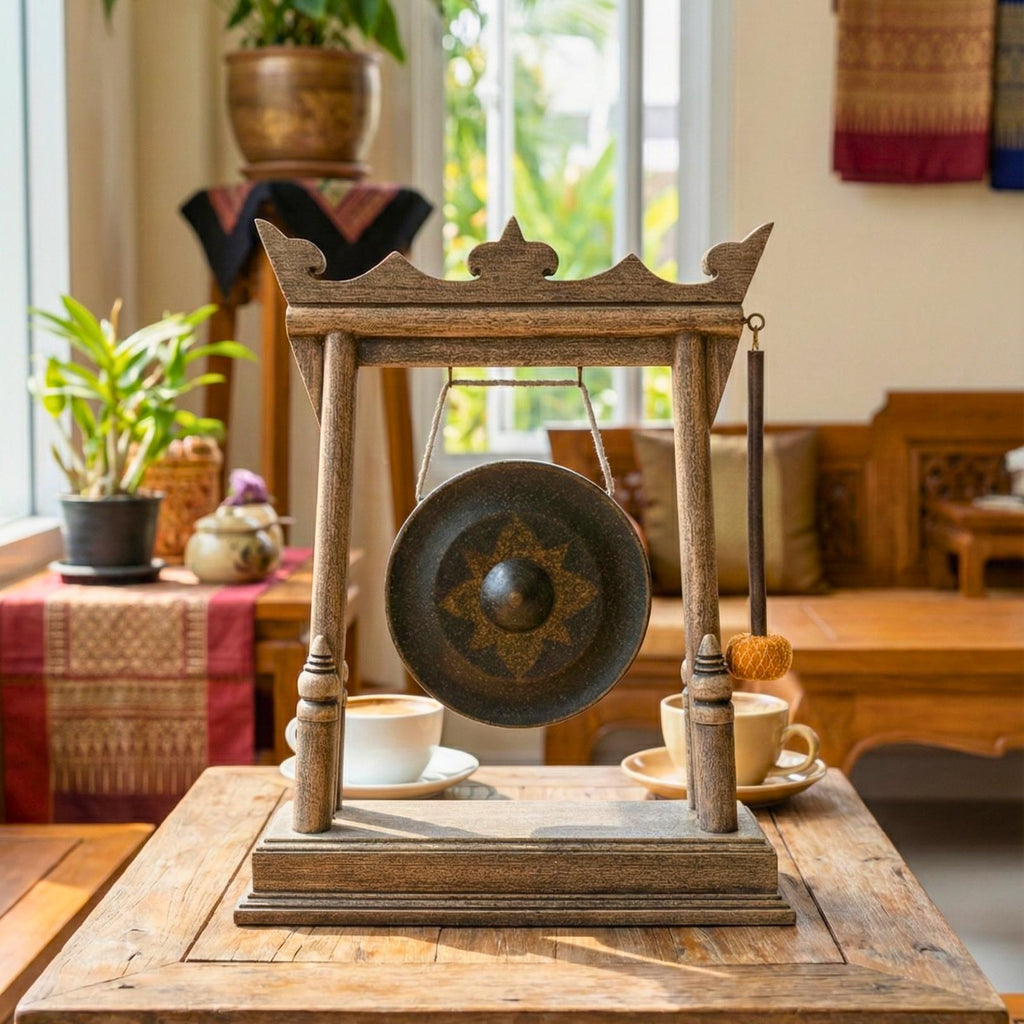 Hand Carved Wood Gong with Traditional Thai Motifs: Authentic Antique Altar Decor