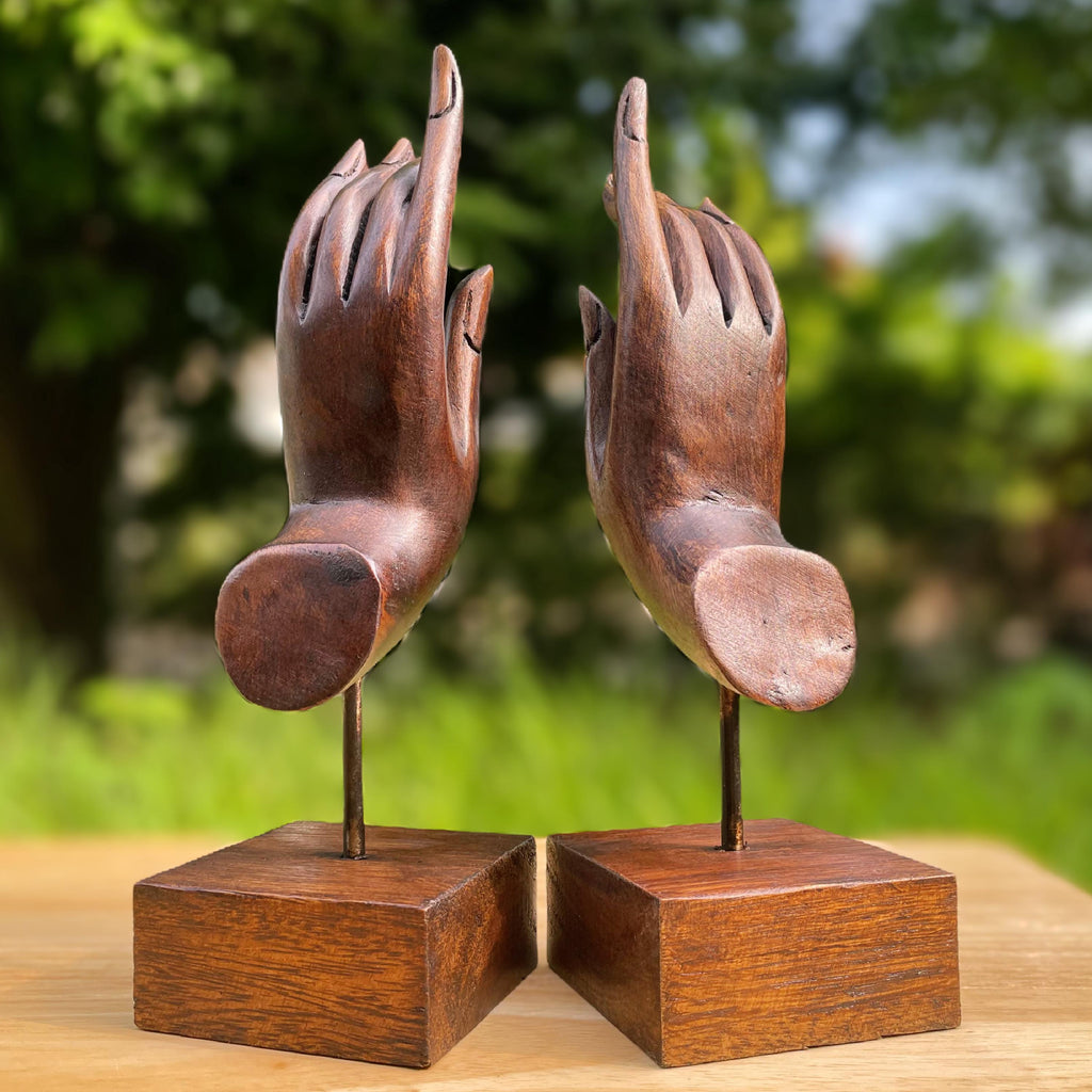 Hand Carved Wood Mudra Sculpture Set of 2: Abhaya Inspired Thai Decor