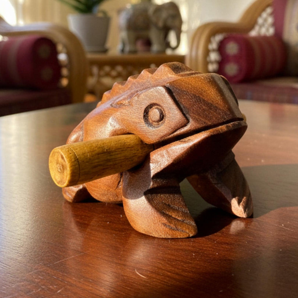 Hand Carved Wood Frog Musical Instrument: Croaking Sound Guiro Toy