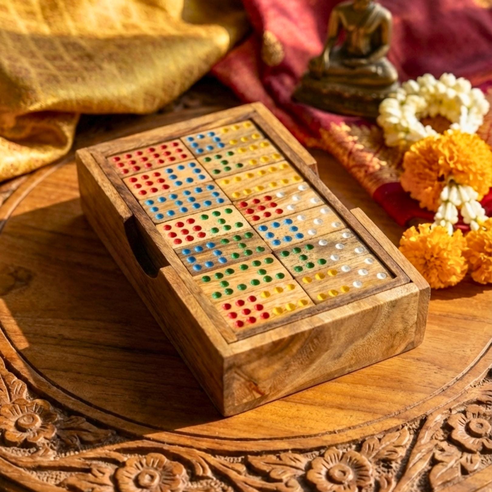 Hand Carved Acacia Wood Dominoes Set: Traditional Tabletop Game Toy